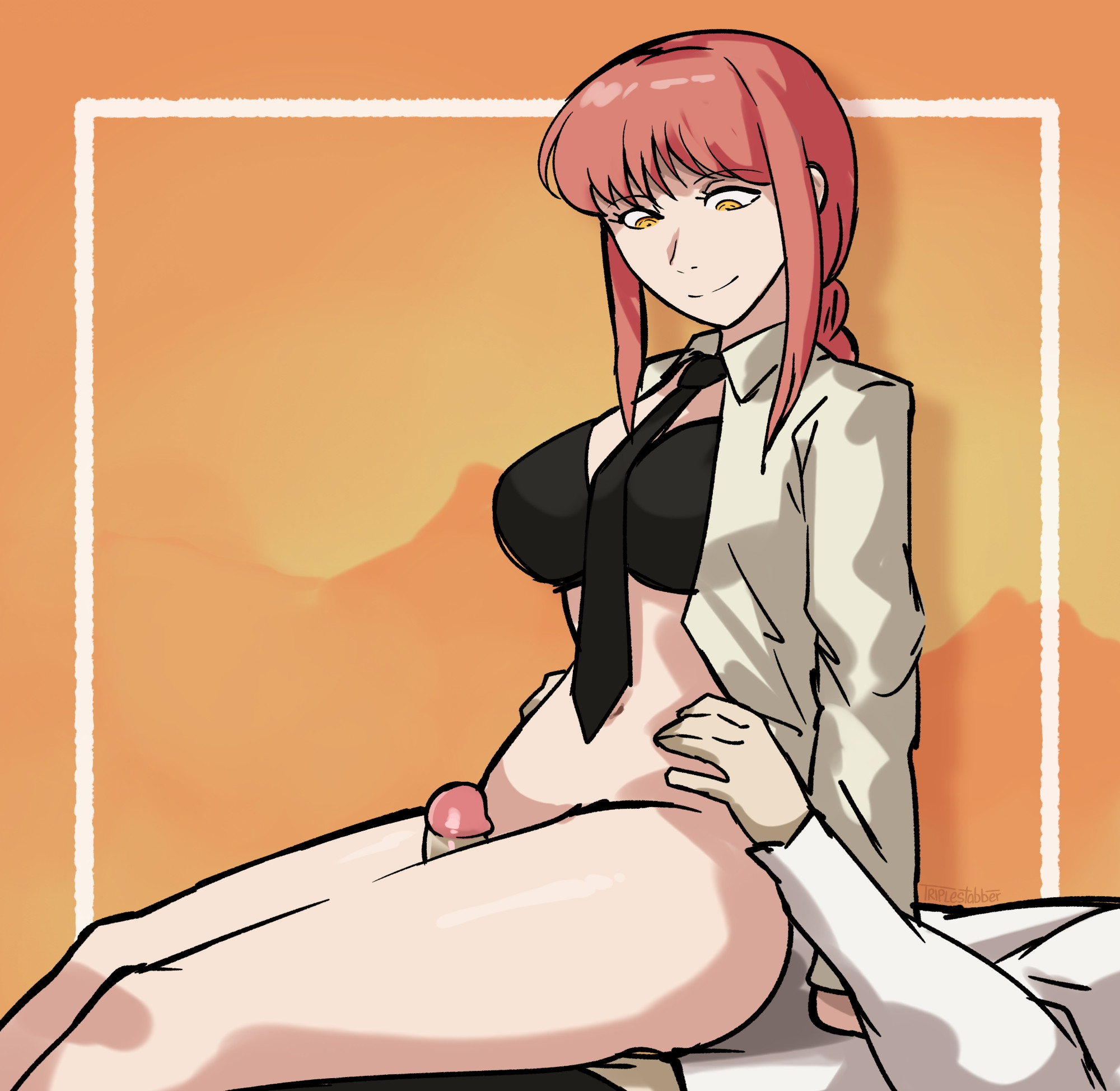 1boy, 1girls, bra, braid, chainsaw man, female, femdom, looking down, makima (chainsaw man), male, necktie, partially clothed, ponytail, red hair, thigh sex, thighs, triplestabber, yellow eyes