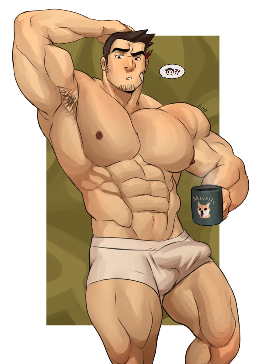 bara, big breasts, big pecs, boner, boner in underwear, boner under clothes, breasts, dick gumshoe, erection, erection under clothes, erection under underwear, gyakuten saiban, holding cup, holding object, jloid, male, male only, muscular, muscular male, solo, solo focus, solo male, underwear, underwear only, yaoi
