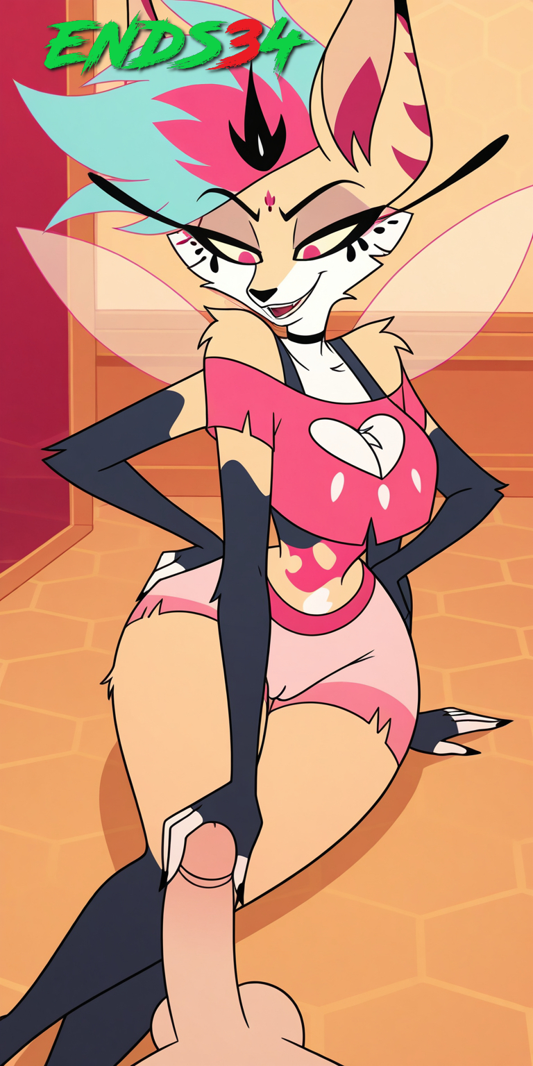 ai generated, breasts, cameltoe, cleavage, ends34, female, female focus, furry female, helluva boss, pussy, queen bee-lzebub (helluva boss), shorts, stockings, tight clothing