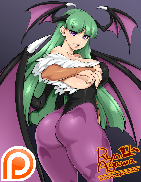 ass, breasts, capcom, clothing, darkstalkers, demon, female, green hair, leotard, long hair, medium breasts, morrigan aensland, pantyhose, purple eyes, ryo agawa, solo, succubus