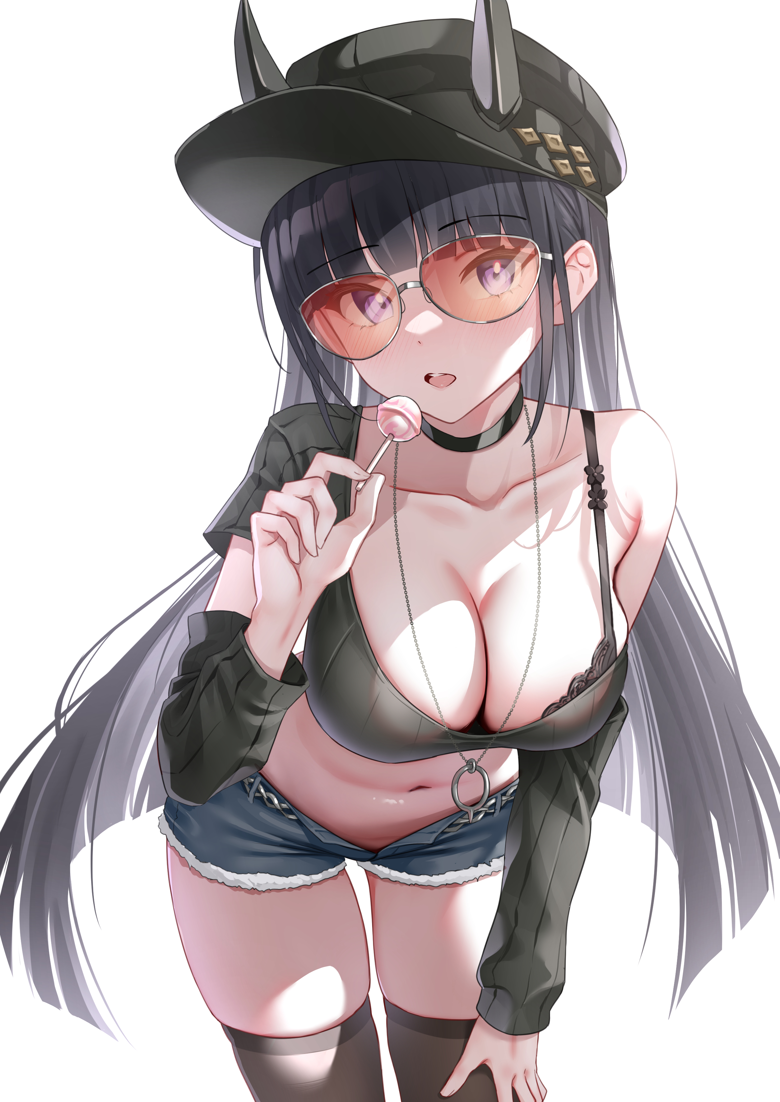 :o, 1girls, arm warmers, azur lane, bare shoulders, bent over, black bra, black choker, black hair, black headwear, black shirt, black shorts, bra, breasts, candy, choker, classic (zildjian33), cleavage, collarbone, commission, cowboy shot, crop top, cutoffs, denim, denim shorts, detached sleeves, female, food, hand on own thigh, hand up, hat, holding, holding food, horns, jacket, large breasts, layered sleeves, leaning forward, light skin, light-skinned female, lollipop, long hair, long sleeves, looking at viewer, micro shorts, midriff, navel, noshiro (azur lane), noshiro (dressed-up date) (azur lane), off shoulder, open clothes, open fly, open mouth, original, purple eyes, sakura empire (azur lane), shirt, short over long sleeves, short shorts, short sleeves, shorts, sidelocks, simple background, skindentation, sleeveless, sleeveless shirt, solo, spaghetti strap, standing, stomach, sunglasses, thighhighs, thighs, tinted eyewear, tongue, torn clothes, underwear, very long hair, white background