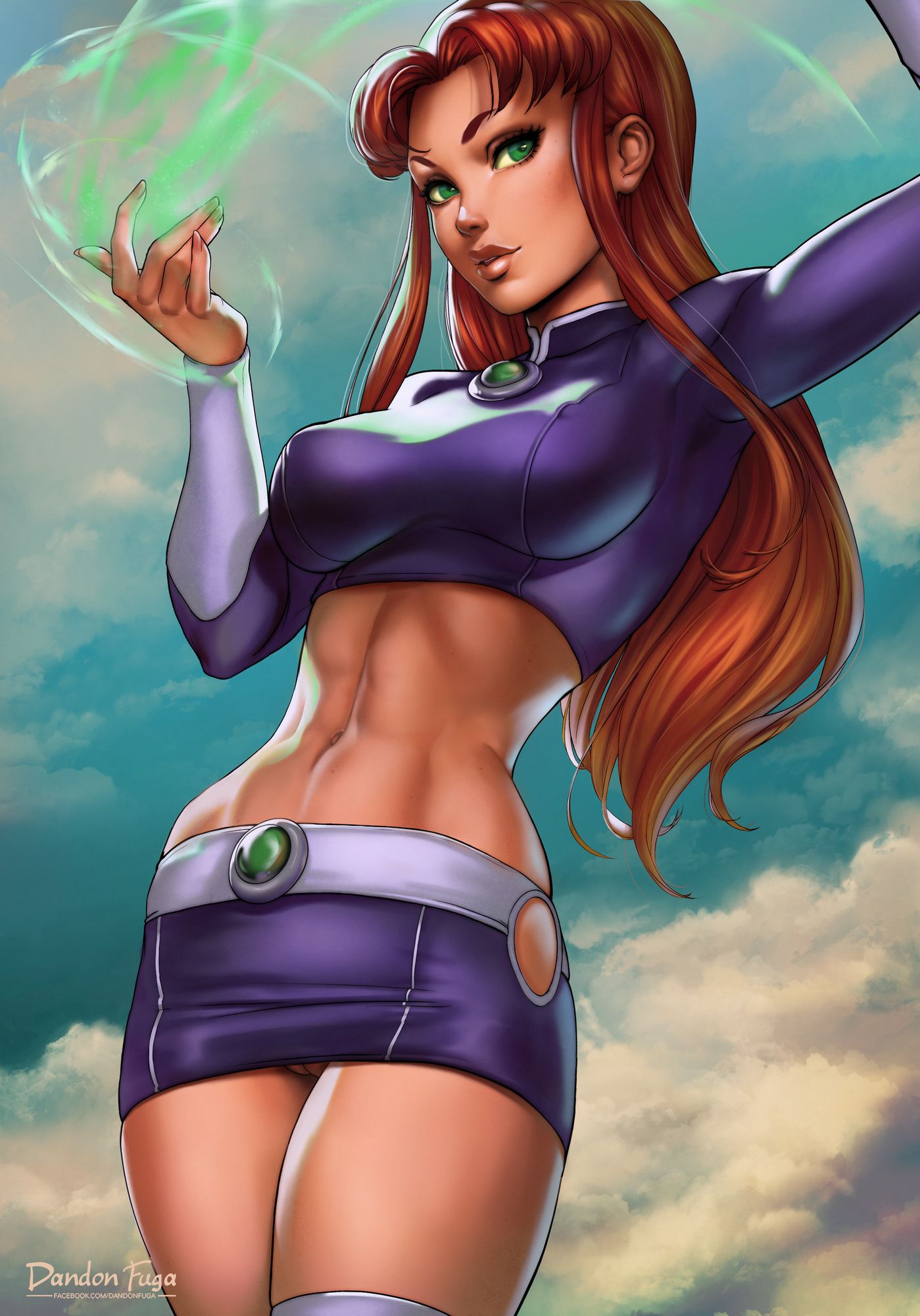 alien, auburn hair, belly, breasts, covered breasts, covered nipples, crop top, cropped shirt, cropped sweater, dandon fuga, dc, dc comics, eyelashes, female, female only, gauntlets, green eyes, koriand'r, large breasts, legs, legwear, lips, long hair, navel, orange skin, pussy, shoes, skirt, solo, starfire, teen titans, thighs, vagina