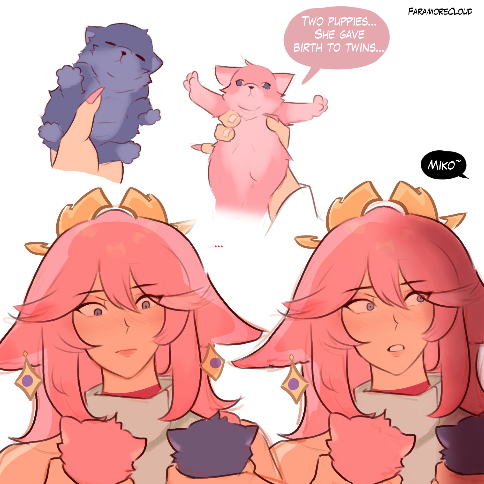 blush, cloud faramore, female, futanari, genshin impact, implied futa, implied pregnancy, intersex, lactating, lactation, lactation through clothes, nervous smile, pink hair, purple hair, raiden shogun, yae miko, yuri