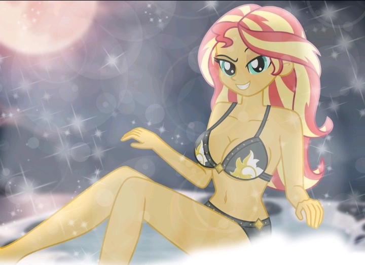 1girls 2025 bikini black_bikini cleavage deviantart_link emeraldblast63 equestria_girls female hasbro long_hair my_little_pony naughty_face solo sunset_shimmer two_tone_hair yellow_body