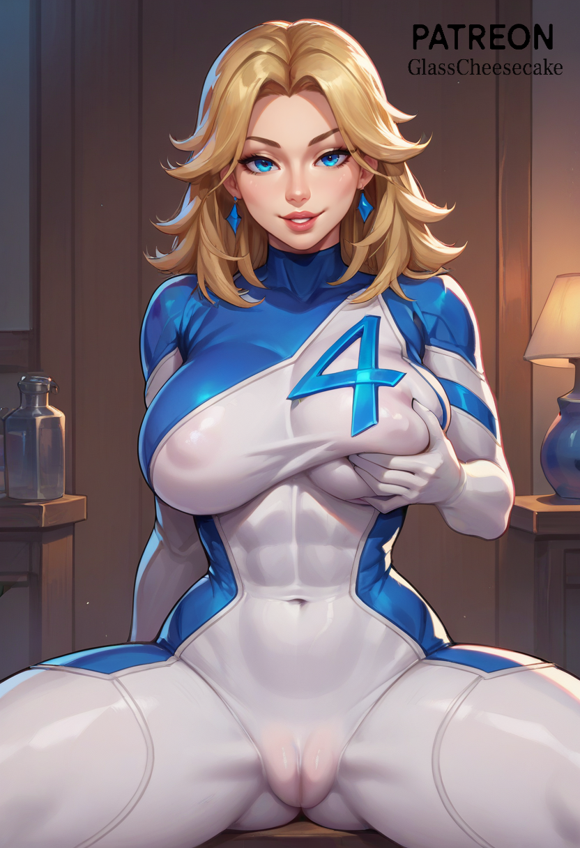 abs ai_generated big_breasts blonde_hair blue_eyes bodysuit cameltoe curvy earrings fit full_body_suit girl glasscheesecake grabbing_own_breast indoors invisible_woman looking_at_viewer marvel marvel_rivals nipple_bulge parted_lips patreon patreon_logo patreon_username sitting smile solo spread_legs sue_storm superheroine thick_thighs wooden_wall