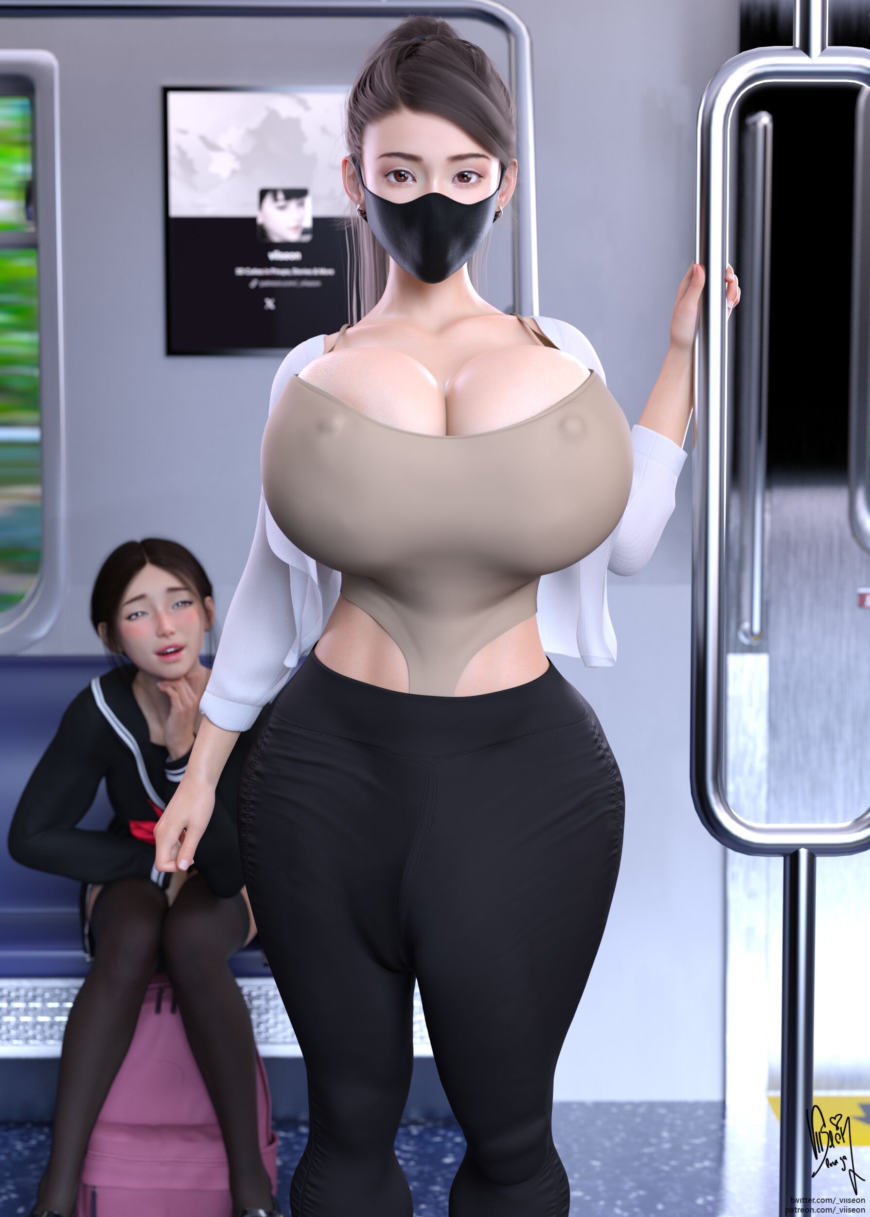 1futa, 1girls, 3d, breasts, breasts bigger than head, bulge, bulge down leg, bulge through clothing, cleavage, face mask, female, female masturbation, futanari, gigantic breasts, huge breasts, huge cock, huge penis, intersex, leggings, looking at another, looking at viewer, masturbation, nipple bulge, penis, rei (viiseon), sakura (viiseon), school uniform, see-through clothing, sitting, staring at another, tight clothing, train, train interior, viiseon, wide hips
