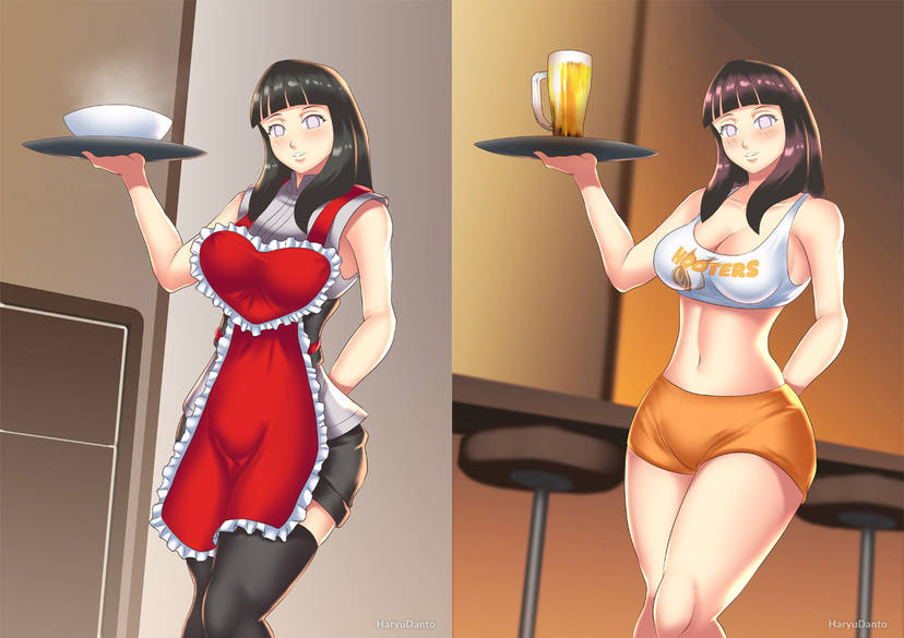 1girls alcohol apron beer before_and_after black_hair black_shorts bowl breasts crop_top grey_tank_top haryu_(artist) haryudanto holding_tray hooters hyuuga_hinata hyuuga_hinata large_breasts long_hair looking_at_viewer midriff naruto navel orange_shorts purple_eyes shorts tank_top thighhighs tray white_crop_top