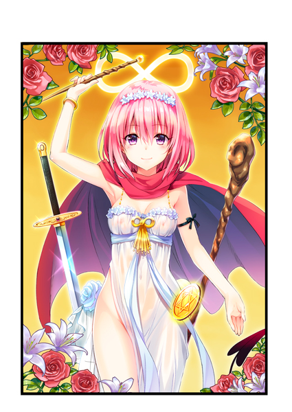 1girls armpits bottomless breasts cape cleavage female female_only flower hair_between_eyes momo_velia_deviluke nipples no_bra pink_hair purple_eyes see-through short_hair small_breasts smile solo solo_focus staff sword to_love-ru to_love-ru_darkness weapon yabuki_kentarou