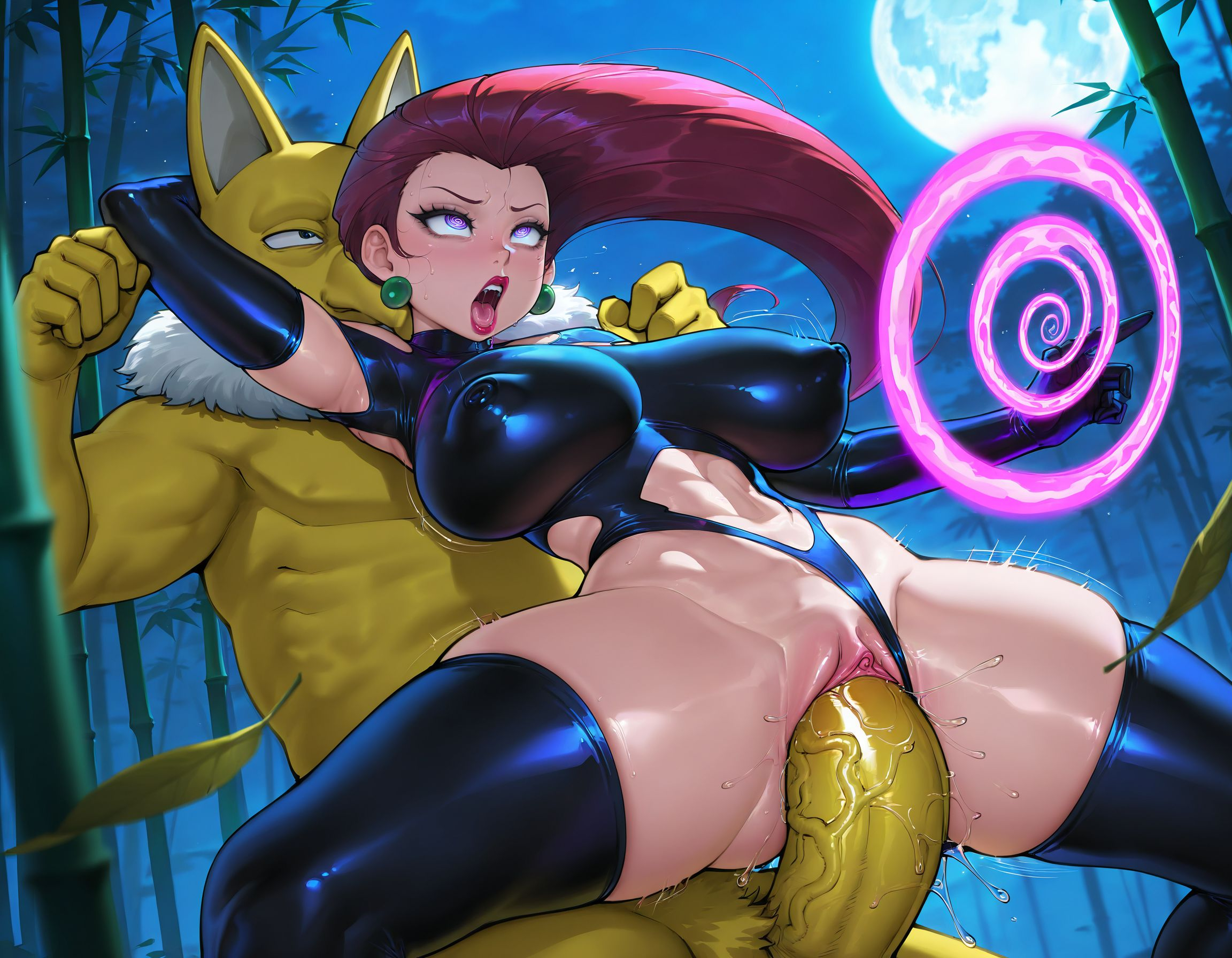1boy, 1girls, ai generated, bamboo, bodysuit, breasts, clothed female, clothed sex, covered nipples, earrings, female, forest, hypno, hypnosis, jessie (pokemon), large breasts, latex, long hair, male, moon, night, nipples, nipples visible through clothing, open mouth, pendulum, penetration, pokemon, pokemon (anime), pokemon (species), pokephilia, pussy, sex, team rocket, torn clothes, vaginal penetration