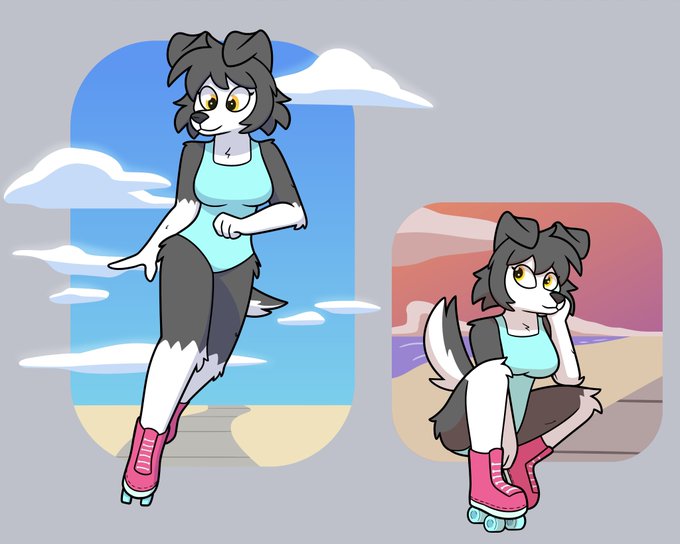 anthro anthro_only black_fur canine clothing dog dog_ears dog_girl fur furry furry_only looking_at_viewer lucy_(runebellarts) oc one-piece_swimsuit original_character runebellarts simple_background squatting tagme tail white_fur