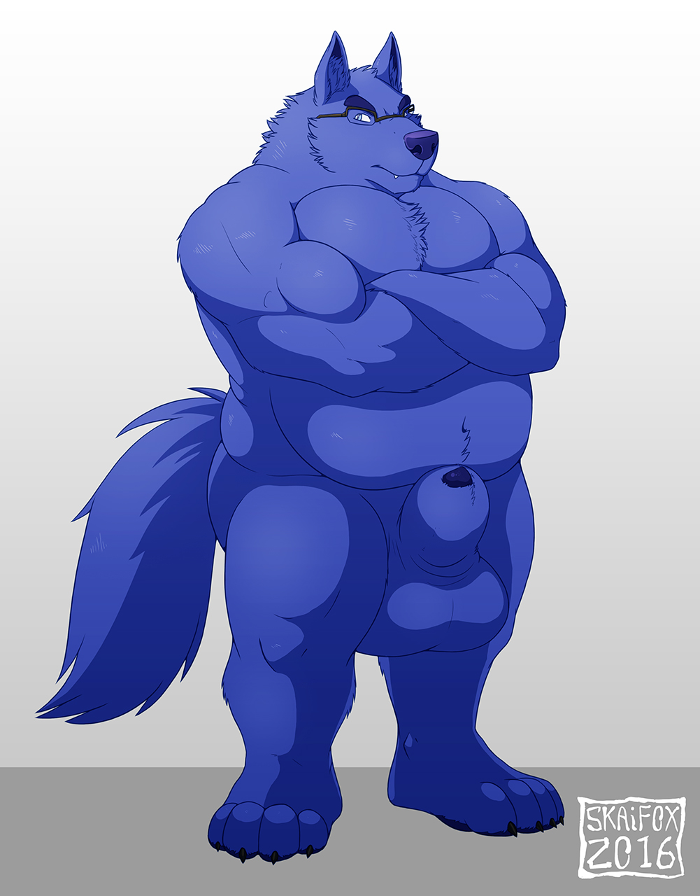 1boy 2016 balls big_balls blue_fur blue_nose blue_penis canine chunky_balls crossed_arms eyewear fur furry_ears furry_tail glasses hefty_sheath male male_only mammal musclegut penis skaifox solo tail wolf wolfen