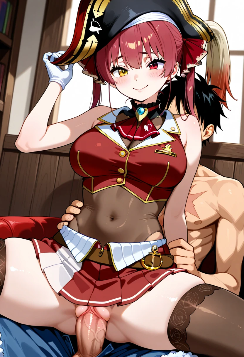 ai_generated artist_request black_hair clothing cowgirl_position crossover female heterochromia hololive houshou_marine male monkey_d_luffy one_piece red_eyes scar_on_chest yellow_eyes