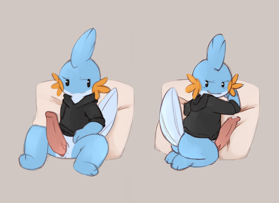 1boy animal_genitalia big_penis bottomless clothed clothing genital_slit hoodie luke_the_mudkip male male_only moonlight-kat mudkip multiple_poses nintendo penis pillow pokemon pokemon_(species) pose precum semi-anthro slit solo video_games