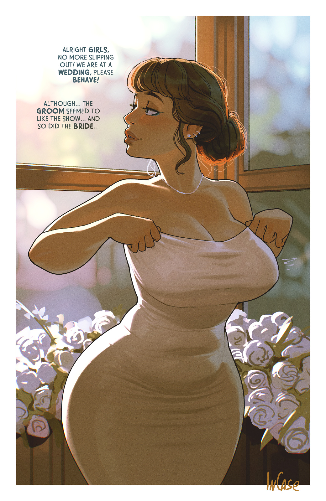 2d, adjusting clothes, bare shoulders, big breasts, bisexual female, blue eyeliner, breasts, bridesmaid, cleavage, curvy, curvy female, curvy figure, dress, english, english text, eyeliner, female, female only, hair bun, homewrecker, hourglass figure, hourglass figured female, implied bisexual, incase, inconvenient breasts, lipstick, long dress, makeup, necklace, original, original character, solo, solo female, solo focus, strapless, strapless dress, text, voluptuous, wedding, white dress