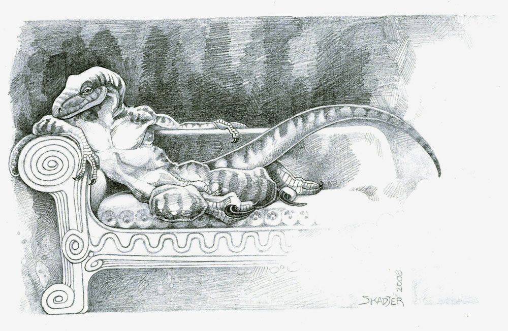 1boy 2008 anthro dinosaur flaccid lying male male_only penis raptor scalie skadjer sketch solo tagme theropod