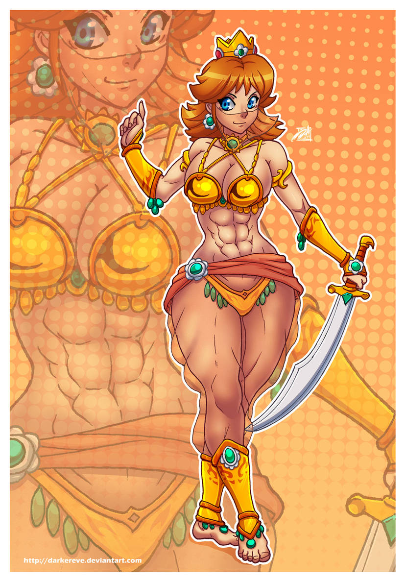 1girls 2019 abs amazonian arabian_clothes armor armored_female artist_logo artist_name athletic athletic_female blue_eyes breasts crown darkereve deviantart_username earrings english english_text fit fit_female flower_earrings holding_sword large_breasts light_brown_hair looking_at_viewer mario_(series) medium_hair mouth_veil nintendo princess_daisy revealing_armor revealing_clothes sword text warrior