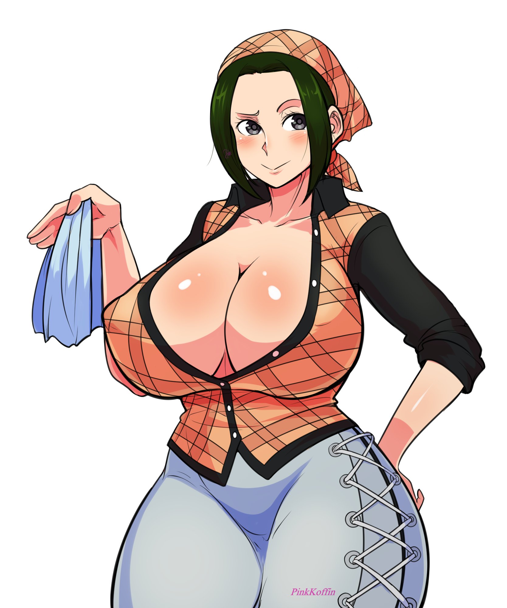 1girls, breasts, cleavage, clothing, dark green hair, female, female focus, female only, green hair, green-haired female, huge breasts, large breasts, light skin, light-skinned female, looking at viewer, makino, mature female, milf, nipple bulge, one piece, pinkkoffin, solo, thick thighs