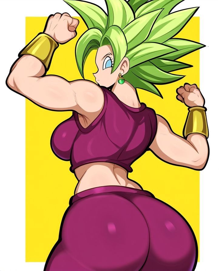 1female 1girls ai ai_generated back_view big_ass big_breasts curvy dragon_ball dragon_ball_super female flexing_arms hands_up kefla looking_at_viewer looking_back view_from_back