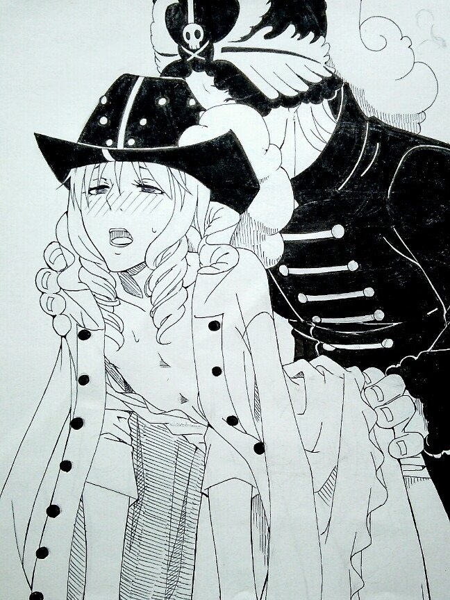 2boys cavendish first_porn_of_character gay hat long_hair male_only monochrome one_piece suleiman yaoi