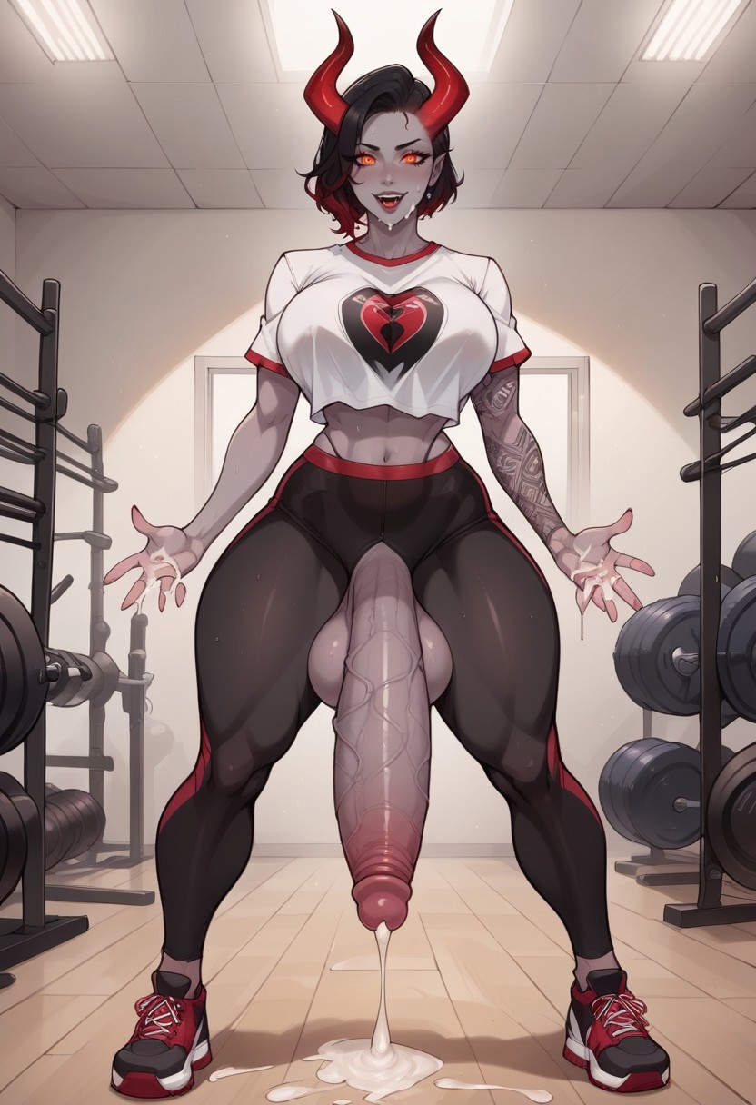 ai generated, ass, balls, bra, breasts, cum, cum drip, cum on body, cum on breasts, cum on face, demon, demon girl, female, futa focus, futa only, futanari, huge ass, huge balls, huge breast, huge butt, huge cock, intersex, krauswnori, penis, skindentation, sports bra, sportswear