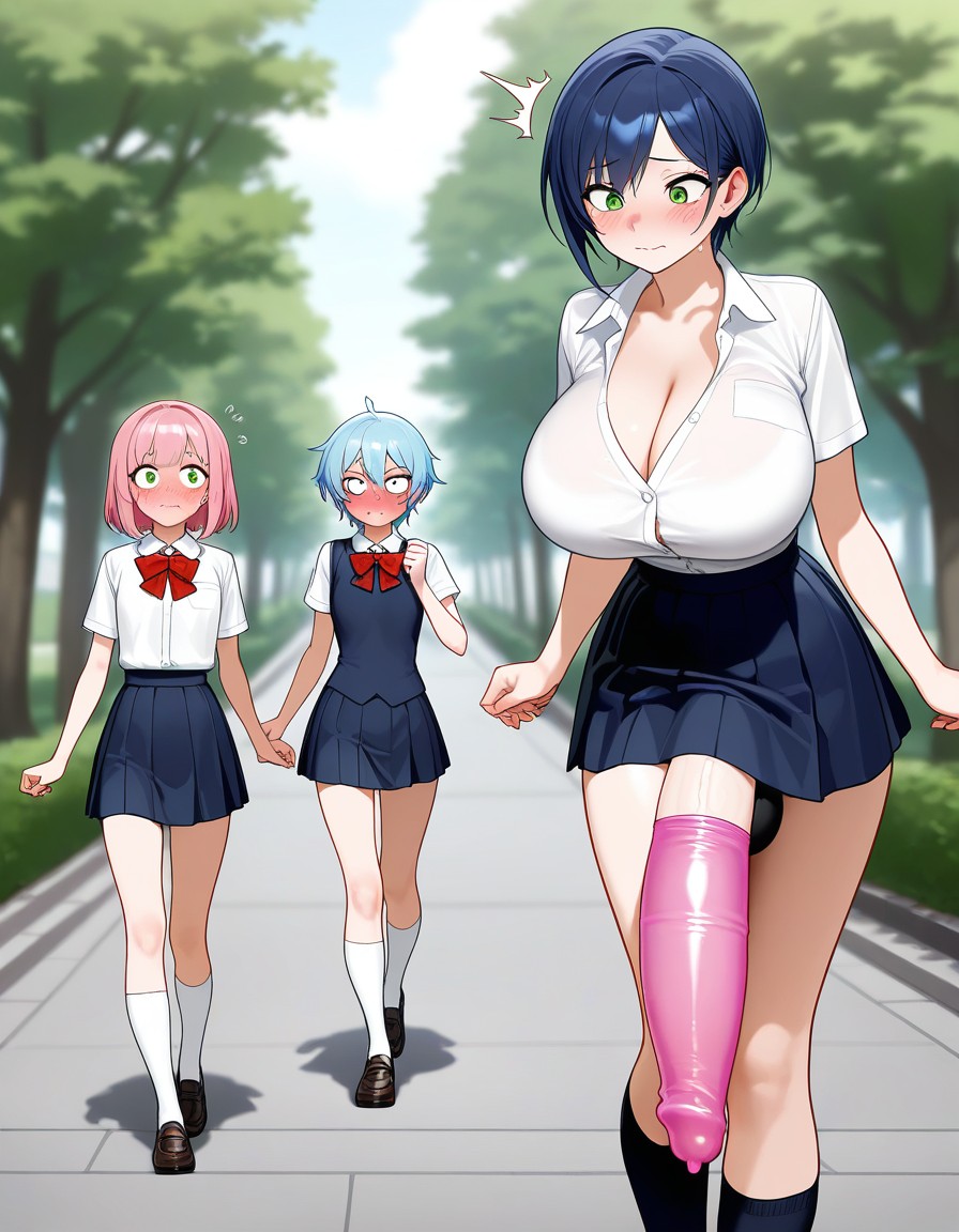 3girls ai_generated big_breasts blue_hair blush condom embarrassed flaccid futanari green_eyes huge_cock looking_at_another park pink_hair public school_uniform short_hair skirt small_breasts small_waist zynai