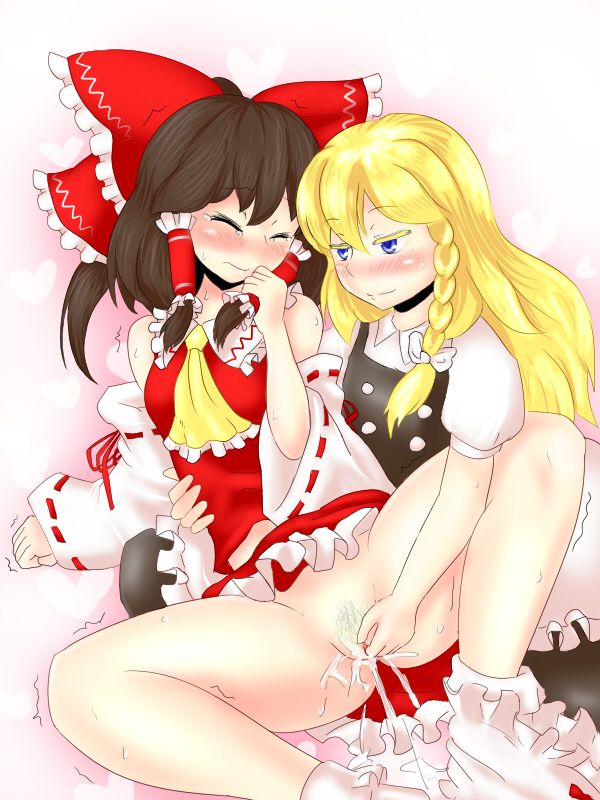 2girls ascot bare_shoulders blonde_hair blue_eyes blush bobby_socks bottomless bow braid brown_hair closed_eyes colored_eyelashes detached_sleeves eye_contact female_ejaculation fingering full-face_blush hair_tubes hairbow half-closed_eyes king_(ougon_kingyo-bachi) lips long_hair looking_at_another marisa_kirisame multiple_girls pubic_hair pussy red_eyes reimu_hakurei side_braid single_braid skirt skirt_around_one_leg skirt_down smile socks spread_legs sweat tears thighs tied_hair touhou twitching yuri