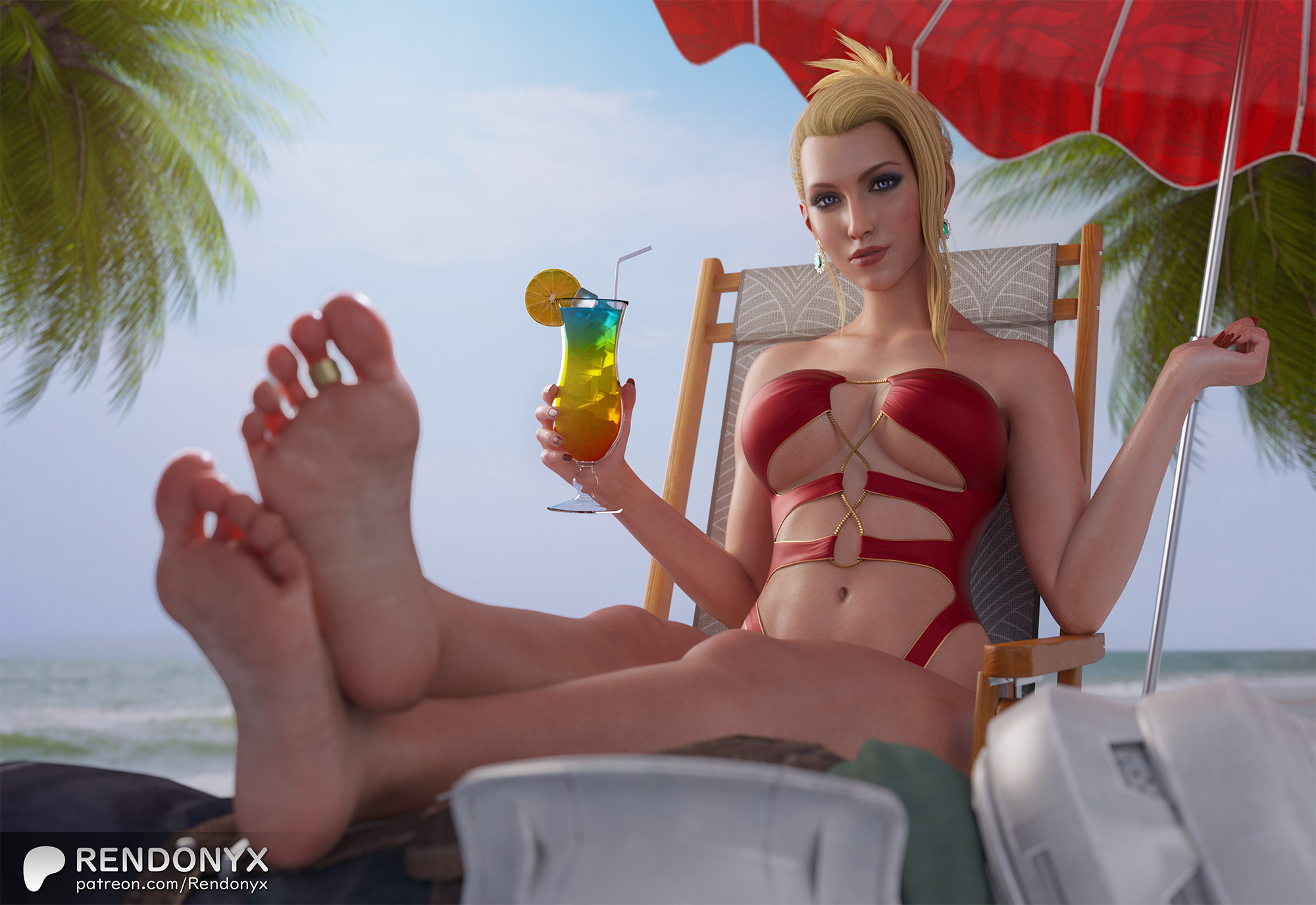 1boy, 1girls, 3d, 3d (artwork), 3d model, 3d render, beach, beach background, big breasts, blonde hair, blue eyes, cocktail, dominant female, drink, feet, final fantasy, final fantasy vii, final fantasy vii rebirth, final fantasy vii remake, fit female, highres, holding object, hourglass figure, jewelry, mature female, milf, outside, red swimsuit, rendonyx, scarlet (ffvii), shinra guard, submissive male, swimsuit