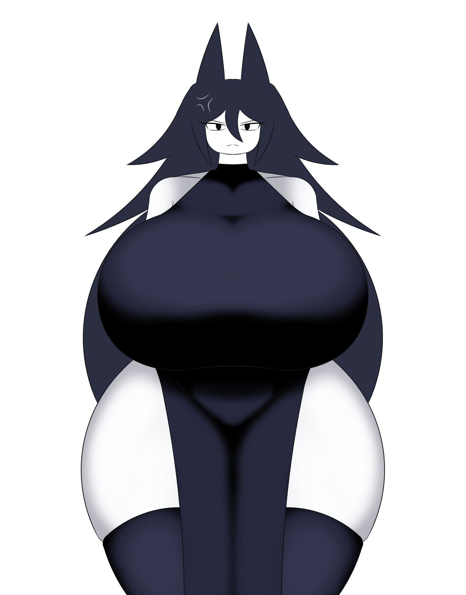 1girls, anger vein, black hair, delete alliance, female, fundamental paper education, huge breasts, huge thighs, long hair, looking at viewer, miss circle (fundamental paper education), solo, tagme, thick thighs, thighhighs, twitter link, white skin, wide hips