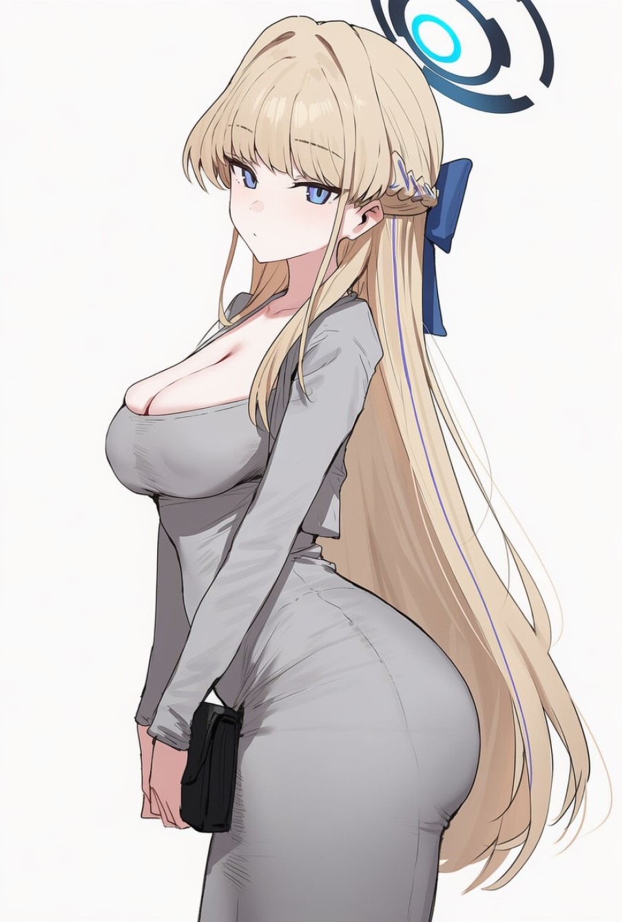 1girls, ai generated, ass, big ass, big breasts, blonde hair, blue archive, blue eyes, breasts, cleavage, dongtan dress, dress, expressionless, from side, grey dress, hair ribbon, halo, holding object, long hair, tight clothing, toki (blue archive)