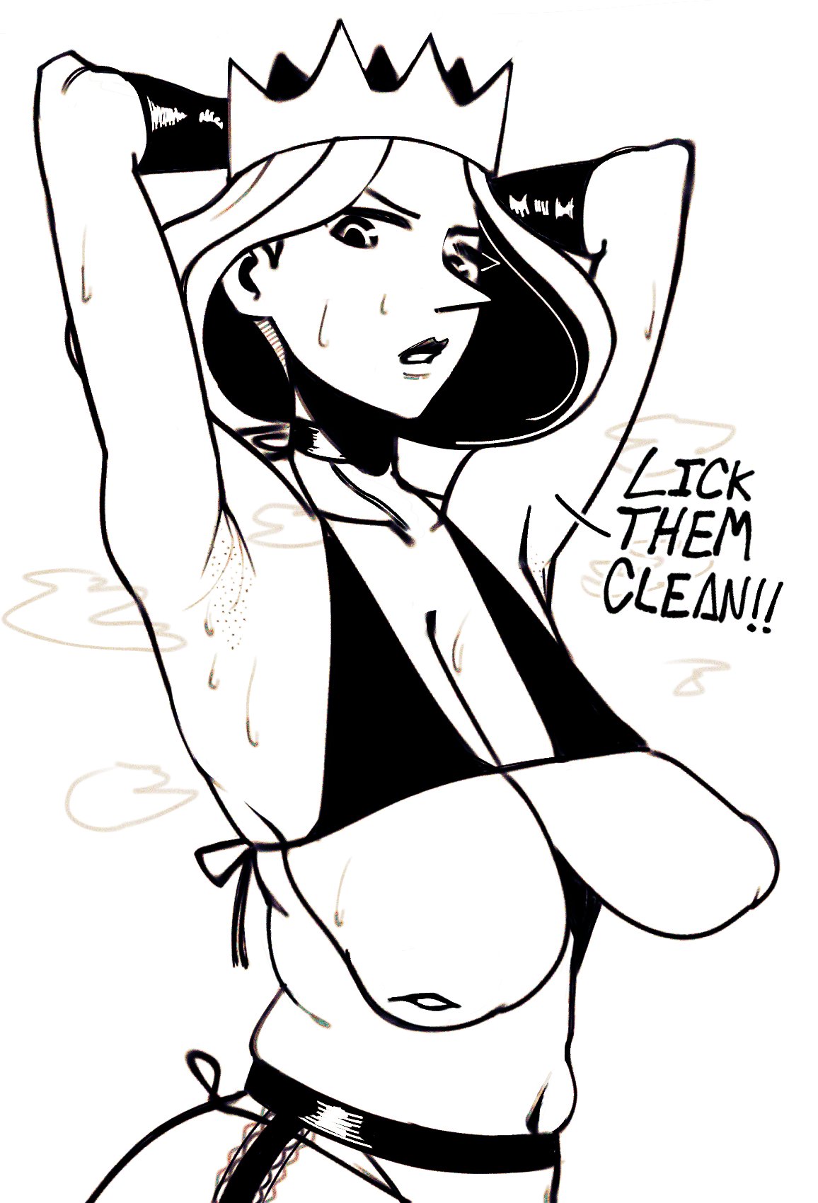 1girls, armpit stubble, armpits, arms behind head, arms up, bra up, female, female only, garter belt, garter straps, inverted nipples, large breasts, lingerie, lingerie only, ousama ranking, queen hilling, rheesu, sagging breasts, shaved armpit, solo, steam, steaming body, sweat