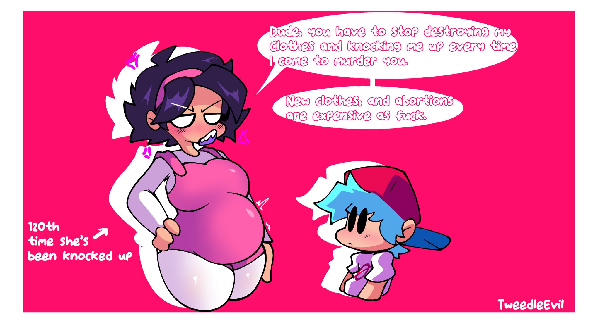 2d, 2d (artwork), 2d artwork, angry, angry expression, angry face, annoyed, annoyed expression, annoyed face, big breasts, blue hair, blush, blush lines, bodysuit, boyfriend (friday night funkin), cap, cheating boyfriend, cuckquean, cyan hair, dark blue hair, dialogue, dialogue bubble, female, friday night funkin, hand on hip, headband, humor, imminent abortion, male, male/female, nene (newgrounds), netorare, ntr, overall dress, overall skirt, overalls, pico's school, pissed off, pregnant, pregnant belly, pregnant female, sharp teeth, shirt, short hair, shorter male, t-shirt, taller female, text, thick, thick ass, thick thighs, tweedleevil