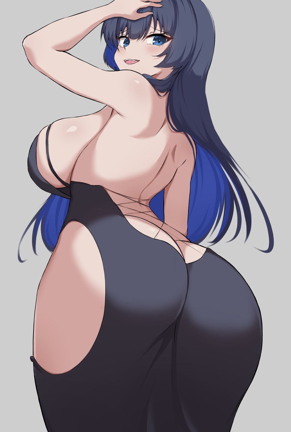 1girls, 2024, alternate costume, ass, ass focus, back view, backboob, big ass, big breasts, blue eyes, blue hair, blush, breasts, dark hair, dress, female, female only, hand on head, hi res, high resolution, highres, hololive, hololive english, hololive english -council-, hololive english -promise-, huge ass, huge breasts, large ass, large breasts, long hair, looking at viewer, looking back at viewer, open mouth, ouro kronii, partially clothed, raised arm, sideboob, simple background, smile, smiling, smiling at viewer, solo, solo female, standing, tagme, two-tone hair, virtual youtuber, zeropengr
