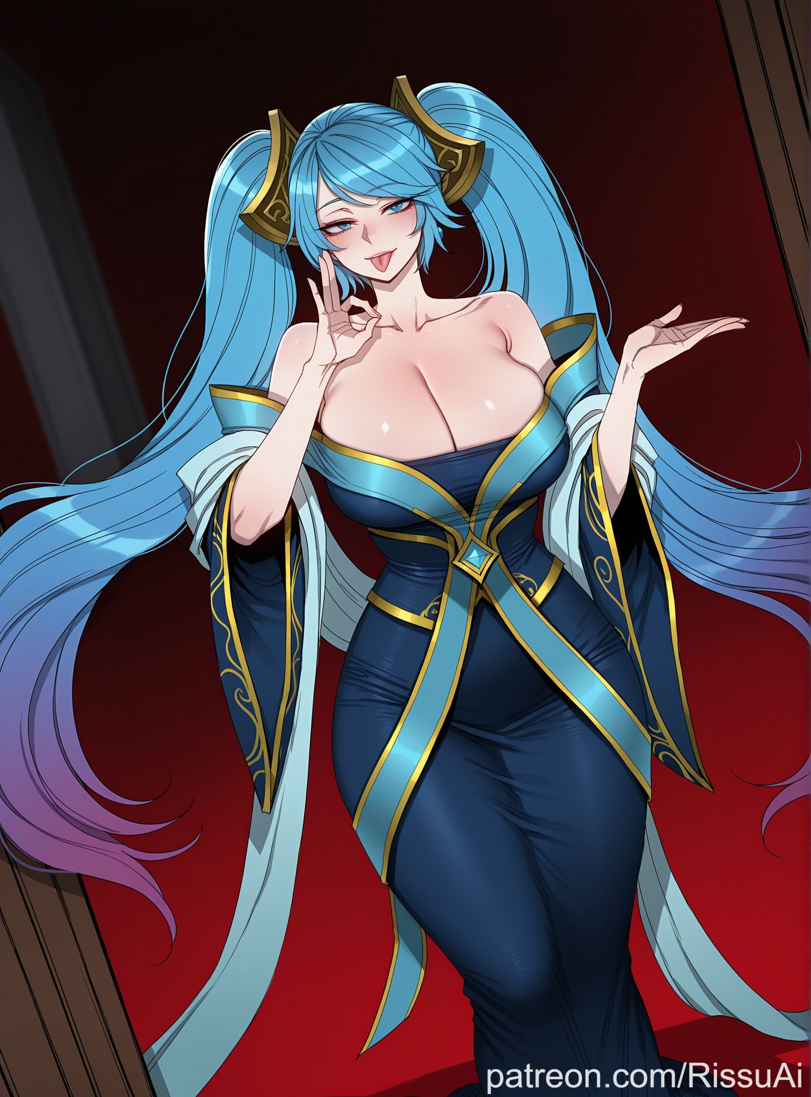 ai generated, big ass, big breasts, blue eyes, blue hair, blurry background, female, female only, hair ornament, horny, horny female, huge breasts, in heat, league of legends, oral invitation, riot games, rissuai, shiny skin, sona (league of legends), sona buvelle, tonge out, tongue out, voluptuous, voluptuous female