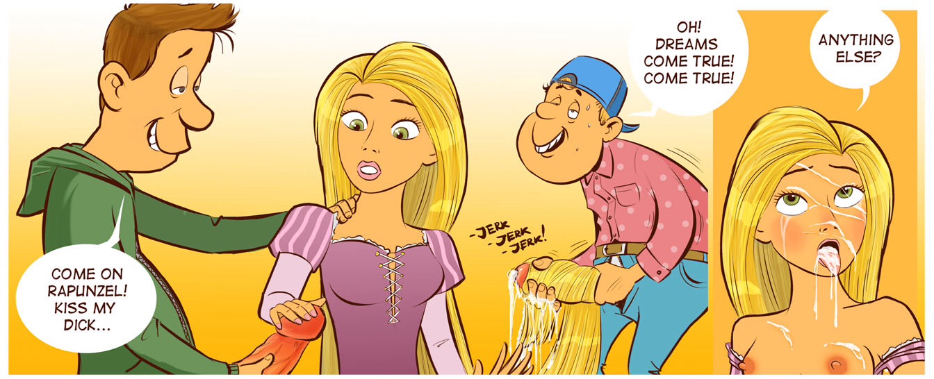 ?, absurdly long hair, blonde hair, clothing, confused, confusion, cum, cum in mouth, cum on hair, disarten, disney, disney princess, dress, emotionless, english text, expressionless, facial, female, hair, hairjob, ignorance, male, nipples, penis, rapunzel (tangled), straight, tangled, text