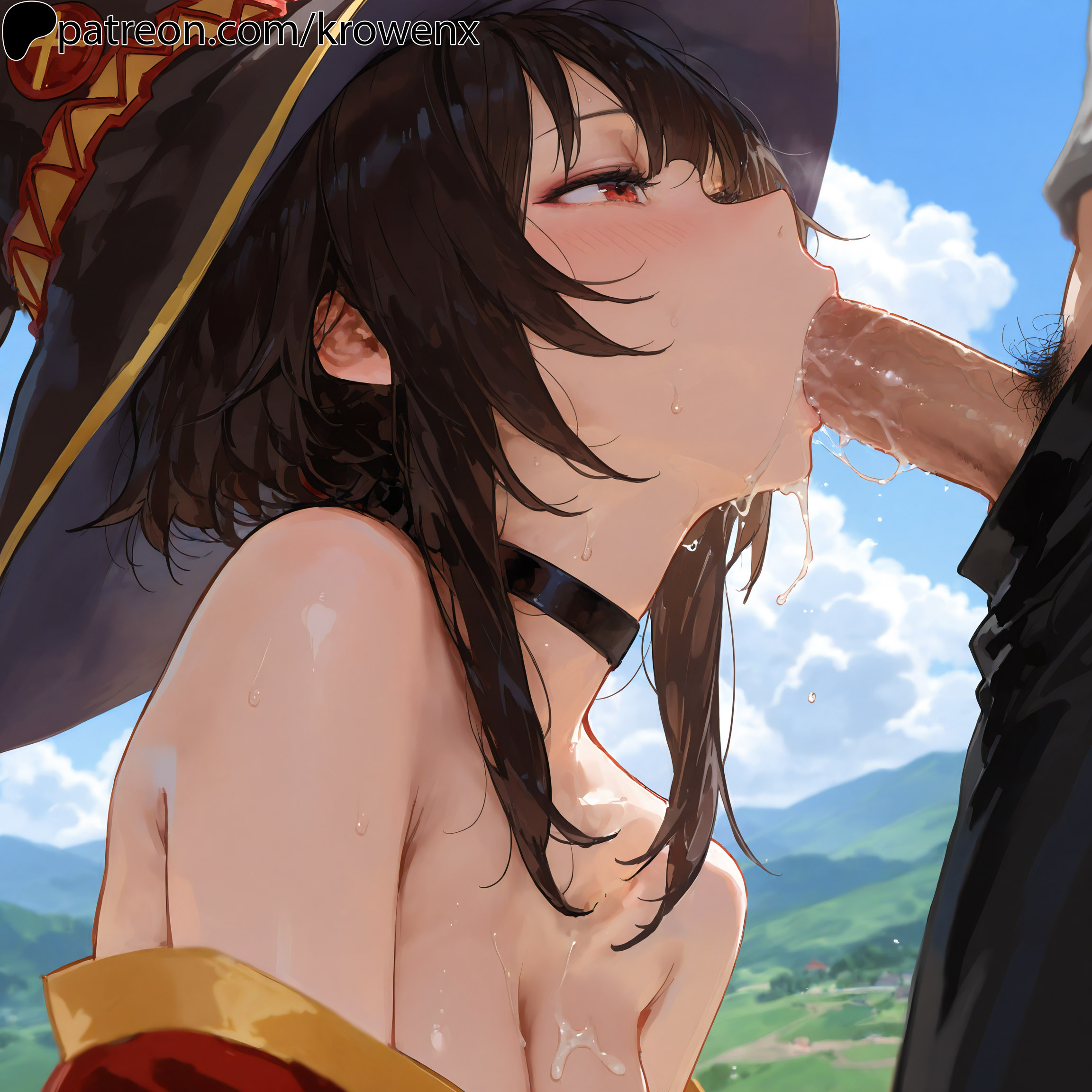 1girls, ai generated, blowjob, blush, breasts, brown hair, choker, cum, cum in mouth, cum on breasts, fellatio, female, female focus, from side, kono subarashii sekai ni shukufuku wo!, krowenx, megumin, oral, oral penetration, oral sex, outdoors, red eyes, sidelocks, sucking, sucking penis, uncensored