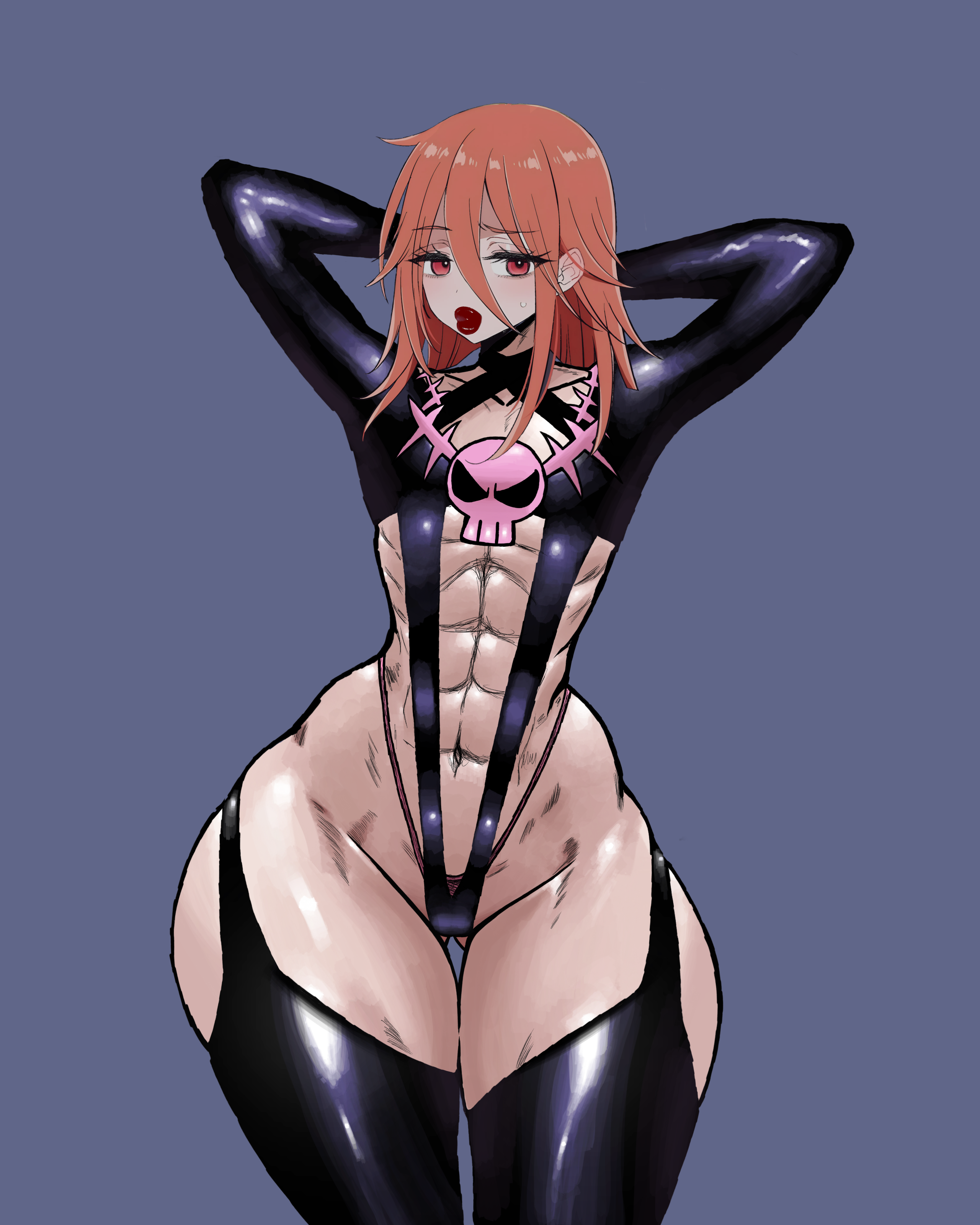 angel devil (chainsaw man), armwear, big lips, bimbo, bimbo body, bimbo lips, chainsaw man, choker, confused, edit, edited, fat lips, fat thighs, female, flat chest, flat chested, huge ass, lip expansion, pale skin, valen 69, wide hips, wide thighs