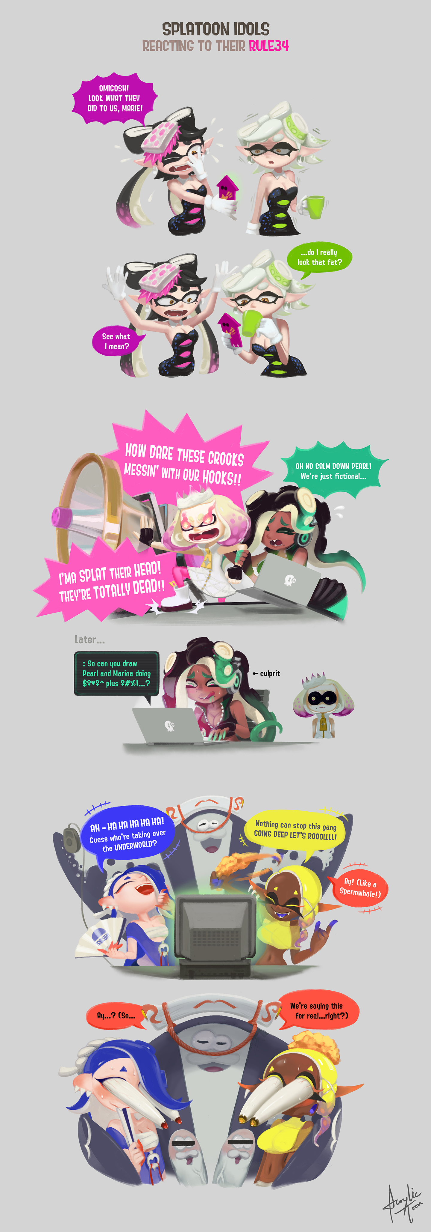 1boy, 4th wall breaking, 6girls, acrylictoon, angry, angry expression, angry face, animal humanoid, anthro, asking a question, big man (splatoon), black hair, blue hair, blush, blushing, breasts, callie (splatoon), cephalopod, cephalopod humanoid, claspers, computer, cousins, crown, dark skin, dark-skinned female, deep cut (splatoon), diphallia, diphallism, double penis, eyes popping out, folding fan, fourth wall, fourth wall broken, frye (splatoon), frye onaga, gloves, headphones, headwear, humanoid, imminent sex, inkling, killer wail (splatoon), licking, licking lips, licking own lips, looking at own porn, manta ray, marie (splatoon), marina (splatoon), marina ida, mask (marking), meme, mole, mole under eye, mole under mouth, multiple penises, nintendo, now or never seven, octoling, octopus, off the hook (splatoon), pearl (splatoon), pearl houzuki, penis, phone, pointy ears, pseudo hair, red eyes, saliva, shiver (splatoon), shiver hohojiro, shocked, shocked expression, speech bubble, splatoon, splatoon (series), splatoon 2, splatoon 3, squid, squid sisters, tentacle, tentacle hair, text, text bubble, white hair, yellow eyes, yellow hair