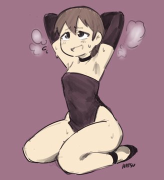 1girls, aioi yuuko, armpit, armpit fetish, armpits, arms up, clothed, erotic, erotic costume, ghastlypann, hands behind head, hatsumiilkshake, kneeling, kneeling female, kneeling on ground, nichijou, showing armpits, smiling, solo, steam, sweat, teenager, variant, variant set