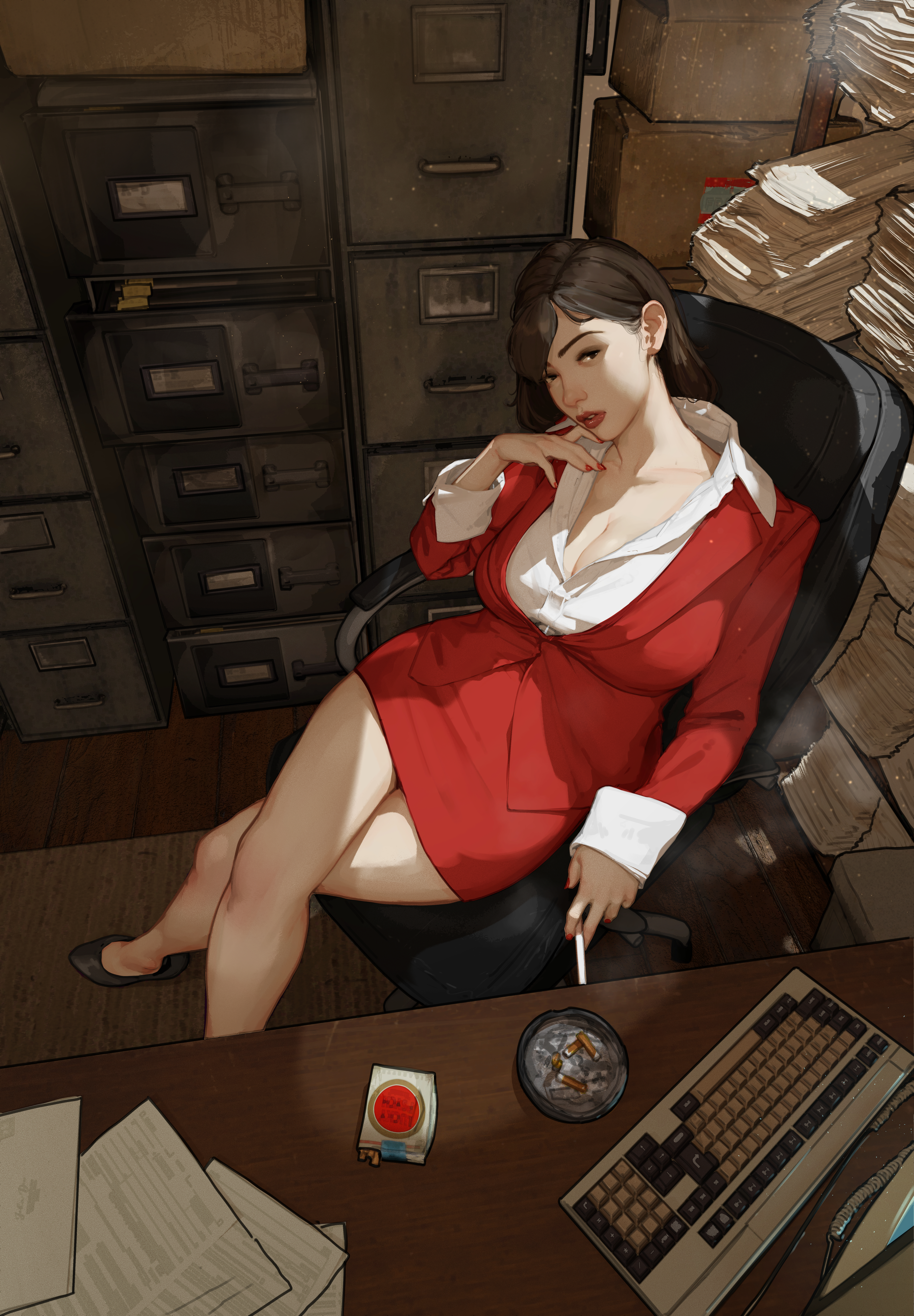 1girls, absurd res, asian, avatar legends, big breasts, blouse, breasts, brown hair, cigarette, cleavage, collared blouse, collared shirt, crossed legs, cuffs, diathorn, eyelashes, eyeliner, eyeshadow, female, female only, heels, hi res, jacket, large breasts, lipstick, looking at viewer, makeup, nail polish, office lady, pema, red clothing, red lipstick, red nails, secretary, secretary outfit, seductive, seductive eyes, seductive look, shirt, short hair, short skirt, skirt, smoking, solo, solo female, solo focus, suit, the legend of korra, white shirt