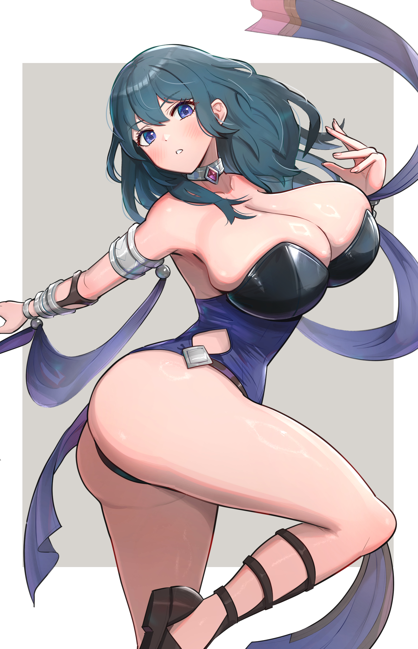 absurdres, adapted costume, armlet, armpits, ass, bare legs, bare shoulders, blue eyes, blue hair, blush, breasts, byleth (fire emblem), byleth (fire emblem) (female), choker, choker jewel, cleavage, commentary request, dancer, dancer (fire emblem: three houses), female, female only, fire emblem, fire emblem: three houses, gem, gonzarez, hair between eyes, highres, huge breasts, jewelry, leotard, long hair, looking at viewer, medium hair, nintendo, parted lips, red gemstone, sandals, simple background, skindentation, solo, thighs