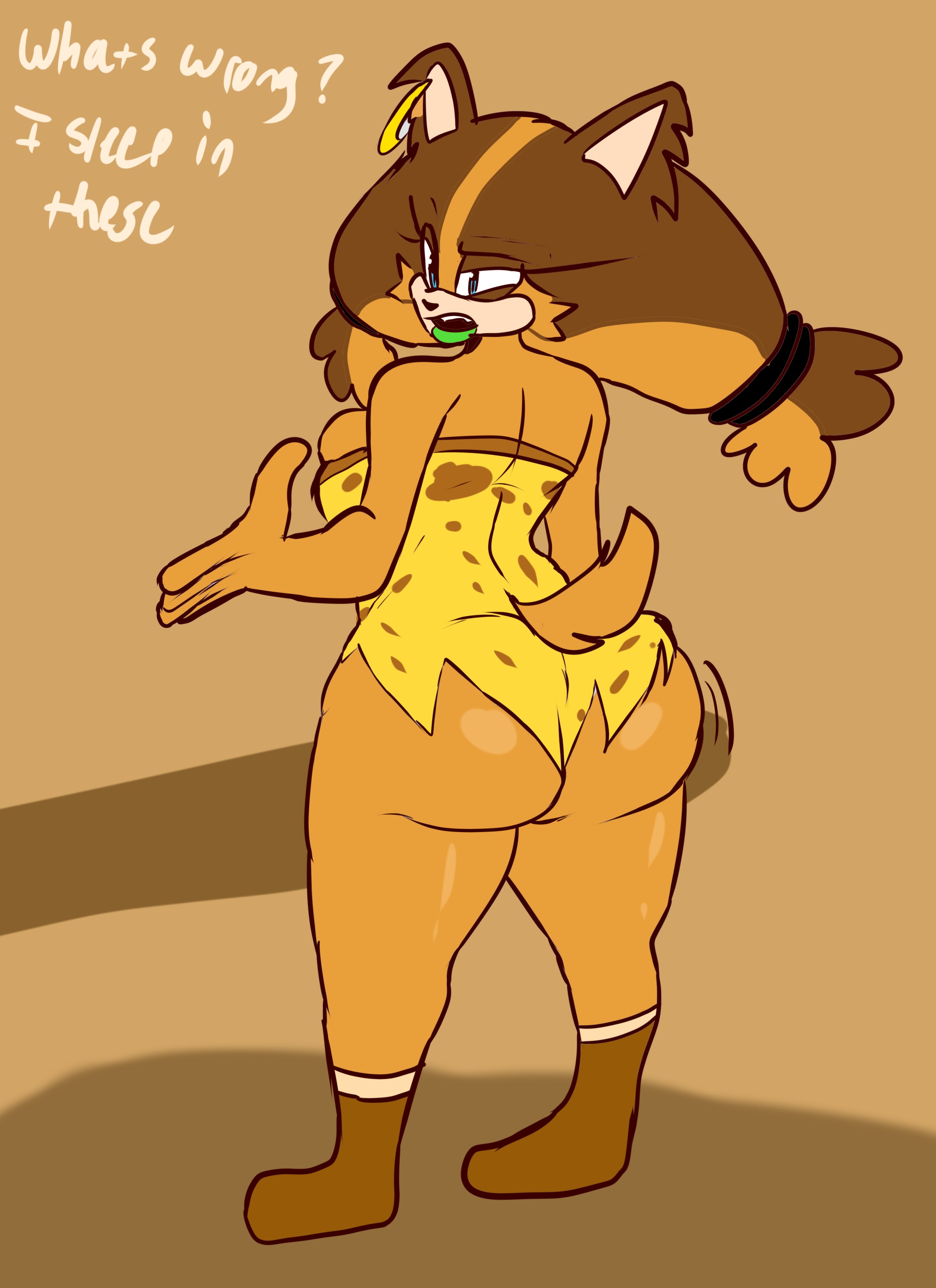 1girls, anthro, anthro only, ass, badger, big ass, big butt, blue eyes, brown hair, dialogue, dress, english text, female, female focus, female only, huge ass, huge butt, large ass, large butt, orange body, orange fur, sega, solo, solo female, sonic (series), sonic boom, sonic the hedgehog (series), sticks the badger, susknuckles, tail, text