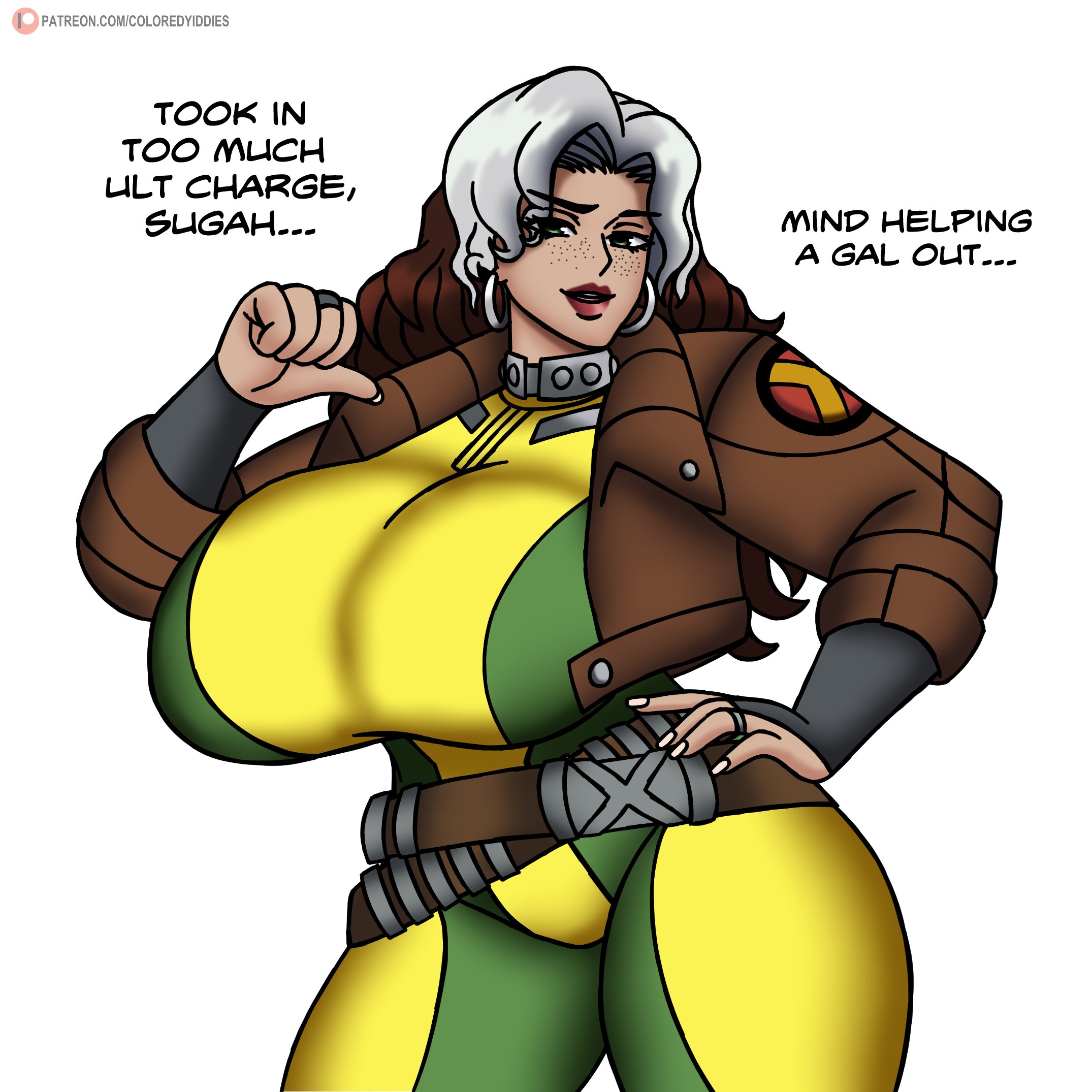 1girls, belt, big breasts, breasts, coloredyiddies, curvy, curvy figure, english text, freckles, green eyes, hoop earrings, inconvenient breasts, jacket, marvel, marvel comics, marvel rivals, multicolored hair, rogue (marvel rivals), rogue (x-men), solo