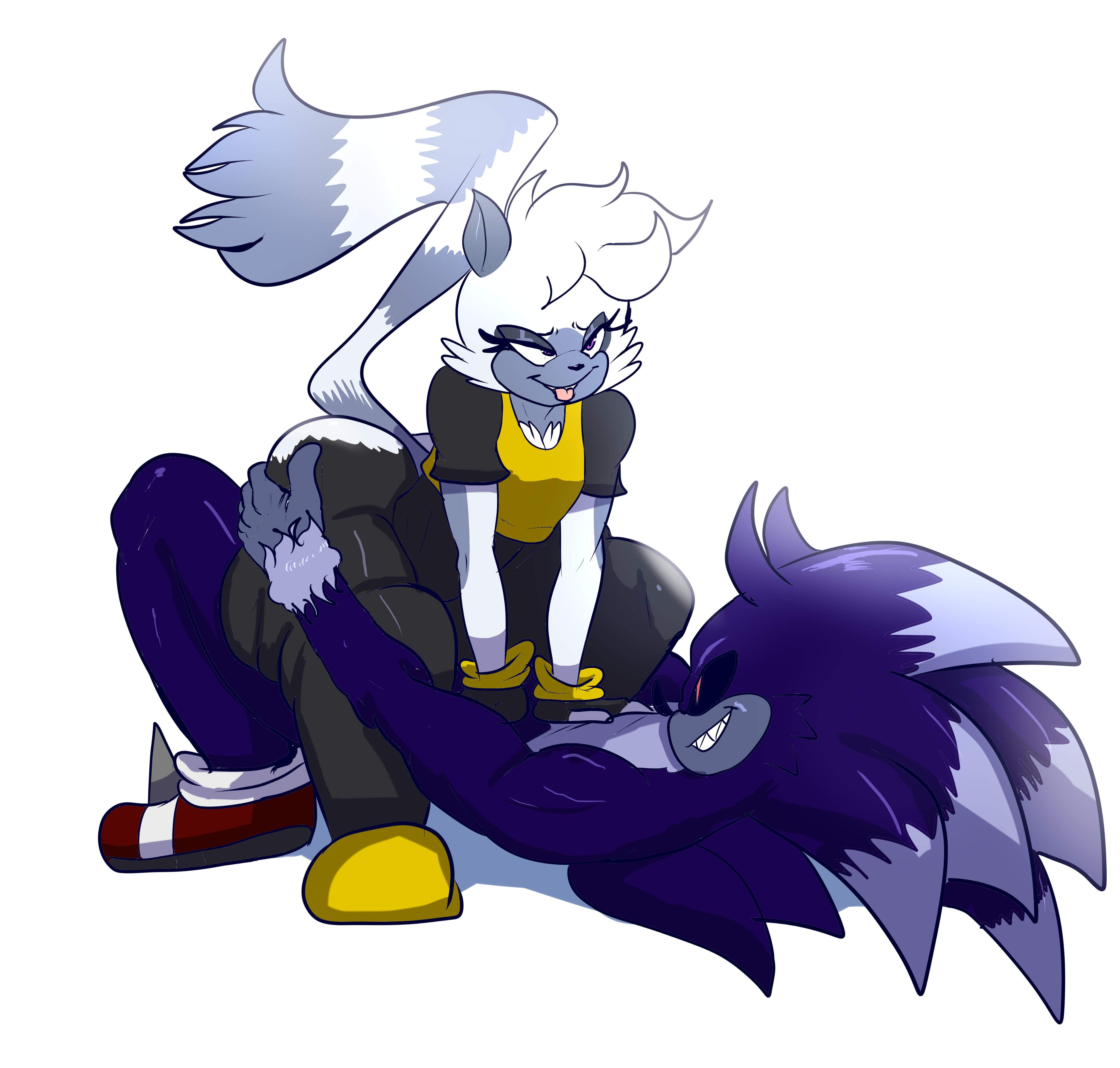 1boy, 1girls, anthro, anthro on anthro, clothed, clothed female, clothed female nude male, clothed sex, clothing, cowgirl position, female, fur, hole in pants, implied sex, larger male, larger male smaller female, lemur, male, muscular male, nude, nude male, ripped clothing, size difference, smaller female, sonic (series), sonic the hedgehog, sonic the hedgehog (comics), sonic the hedgehog (idw), sonic the hedgehog (series), sonic the werehog, straddling, straight, straight sex, susknuckles, tail, tangle the lemur, torn clothes, werehog