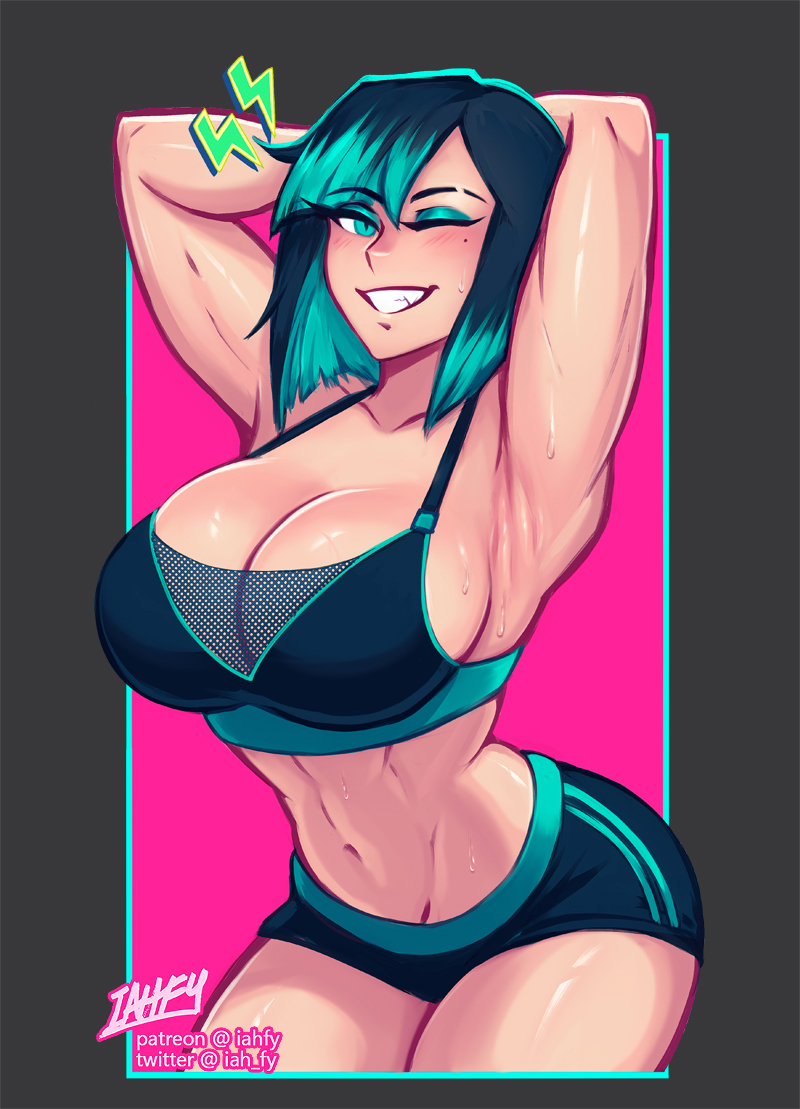 armpits, arms behind head, breasts, cleavage, gym clothes, iahfy, jade (iahfy), large breasts, mole under eye, short hair, teal eyes, teal hair, thick, thick thighs, toned female, wink