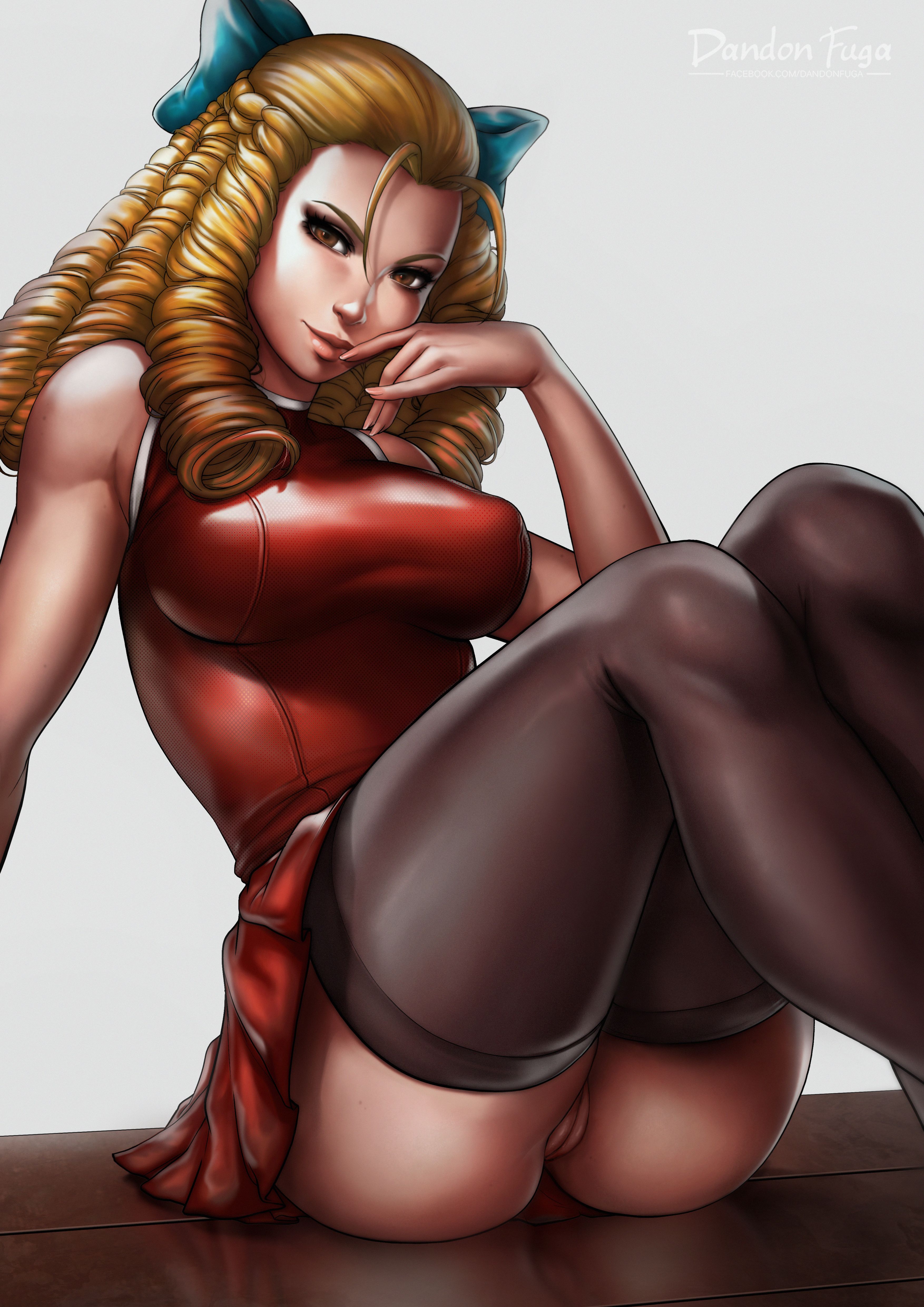 breasts, capcom, dandon fuga, drill hair, female, hairbow, karin kanzuki, looking at viewer, no panties, pussy, sitting, skirt, sleeveless, solo, street fighter, thighhighs