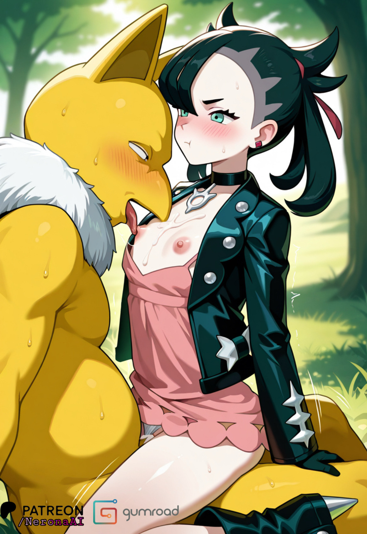 1boy, 1girls, ai, ai assisted, ai generated, angry, angry face, black hair, blush, cum, cum in pussy, cum inside, cum on breasts, female, flat chest, goth, goth girl, gym leader, hypno, licking, licking nipples, male, male penetrating female, marnie (pokemon), neronaai, nipple play, nipples, outdoors, outside, panties, panties aside, penis, pokemon, pokemon (species), pokephilia, sex, sitting, sitting on penis, sitting on person, skirt, teenage girl, teenager, vagina, vaginal, vaginal penetration, vaginal sex