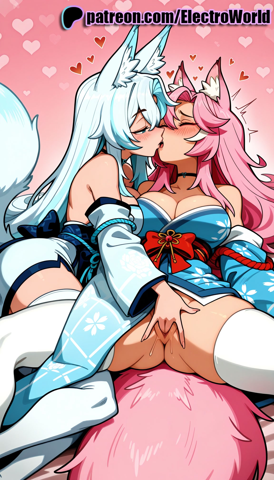 1girls, 2025, 2girls, ai generated, animal ear fluff, animal ears, artist name, bare shoulders, blue kimono, blush, breasts, bust, chest, electroworld, female, fingering, fox ears, fox girl, fox tail, french kiss, heart, hi res, high quality, high resolution, highres, japanese clothes, kimono, kissing, legs apart, legs spread, long hair, multiple girls, open legs, patreon, patreon username, pink background, pink hair, smugalana, splayed legs, spread legs, stable diffusion, tail, thighhighs, virtual youtuber, vtuber, watermark, white legwear, wolf tail, yuri