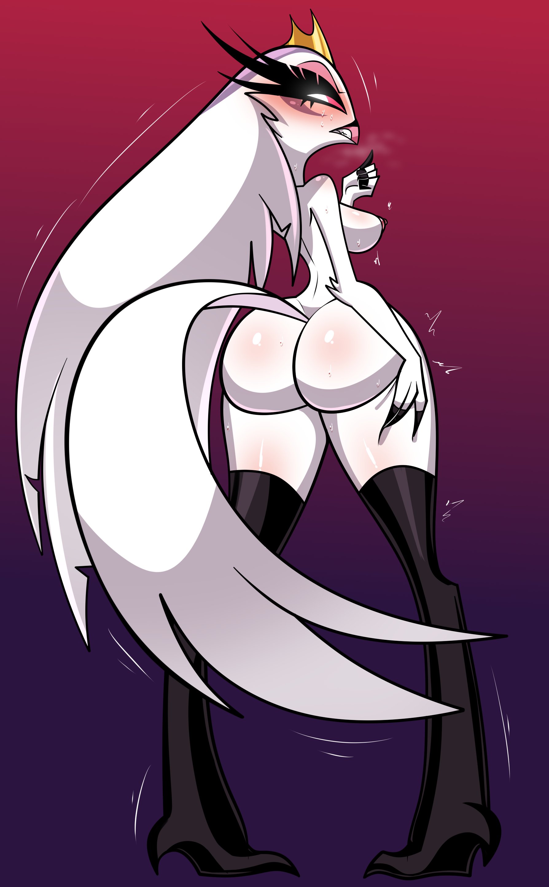 1girls, anthro, areolae, ass, beak, big ass, big breasts, bird, bird girl, bird tail, black thighhighs, bottomless, breasts, claws, crown, female, female only, full body, hand on thigh, headwear, helluva boss, hips, huge ass, legwear, littlewitchnsfw, mature, mature female, mature woman, milf, mother, motion lines, naked, naked female, nipples, nude, nude female, pink eyes, red sclera, solo, solo female, steam, steamy breath, stella (helluva boss), tail, thick thighs, thighhighs, thighs, topless, vagina, white body, white skin