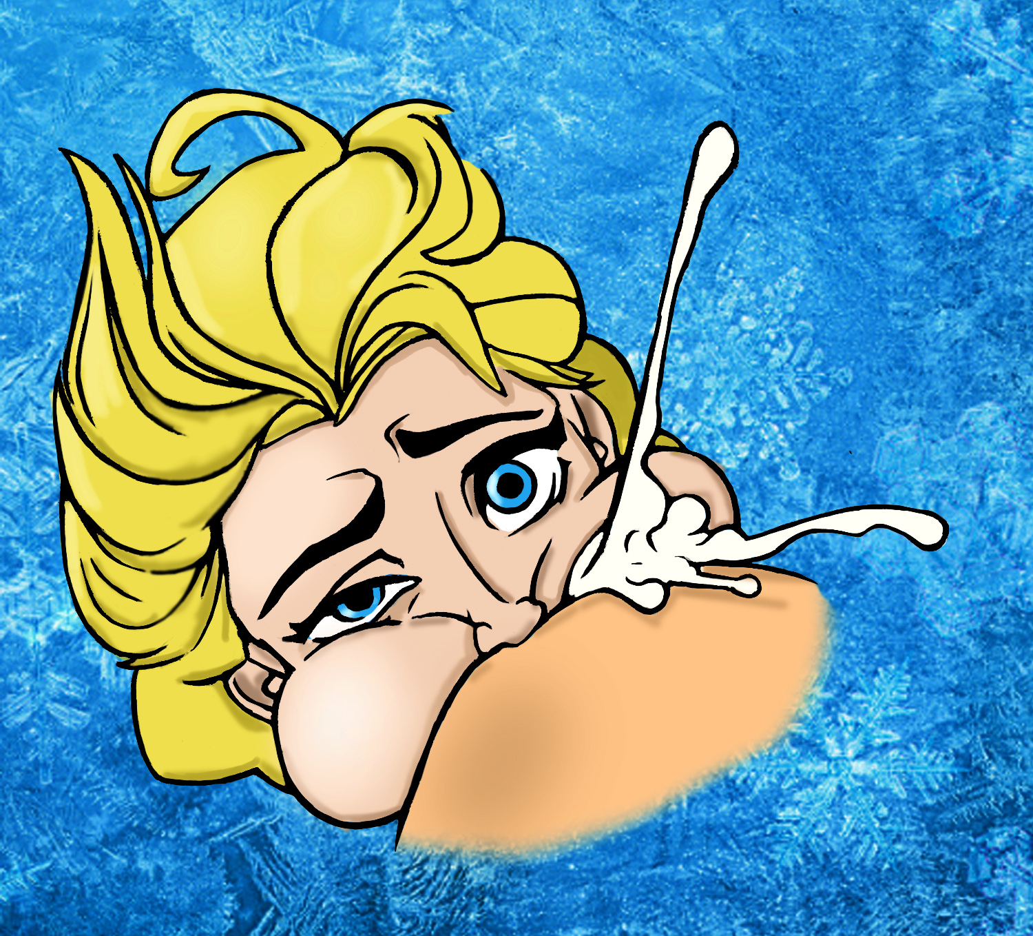 blonde hair, blue eyes, cheek bulge, color, cum, cum explosion, cum in mouth, cum inside, cumshot, deepthroat, disney, duo, e-ward, elsa (frozen), eyelashes, face, faceless male, fellatio, female, frozen (film), human, male, oral, prince hans, princess, solo focus, straight
