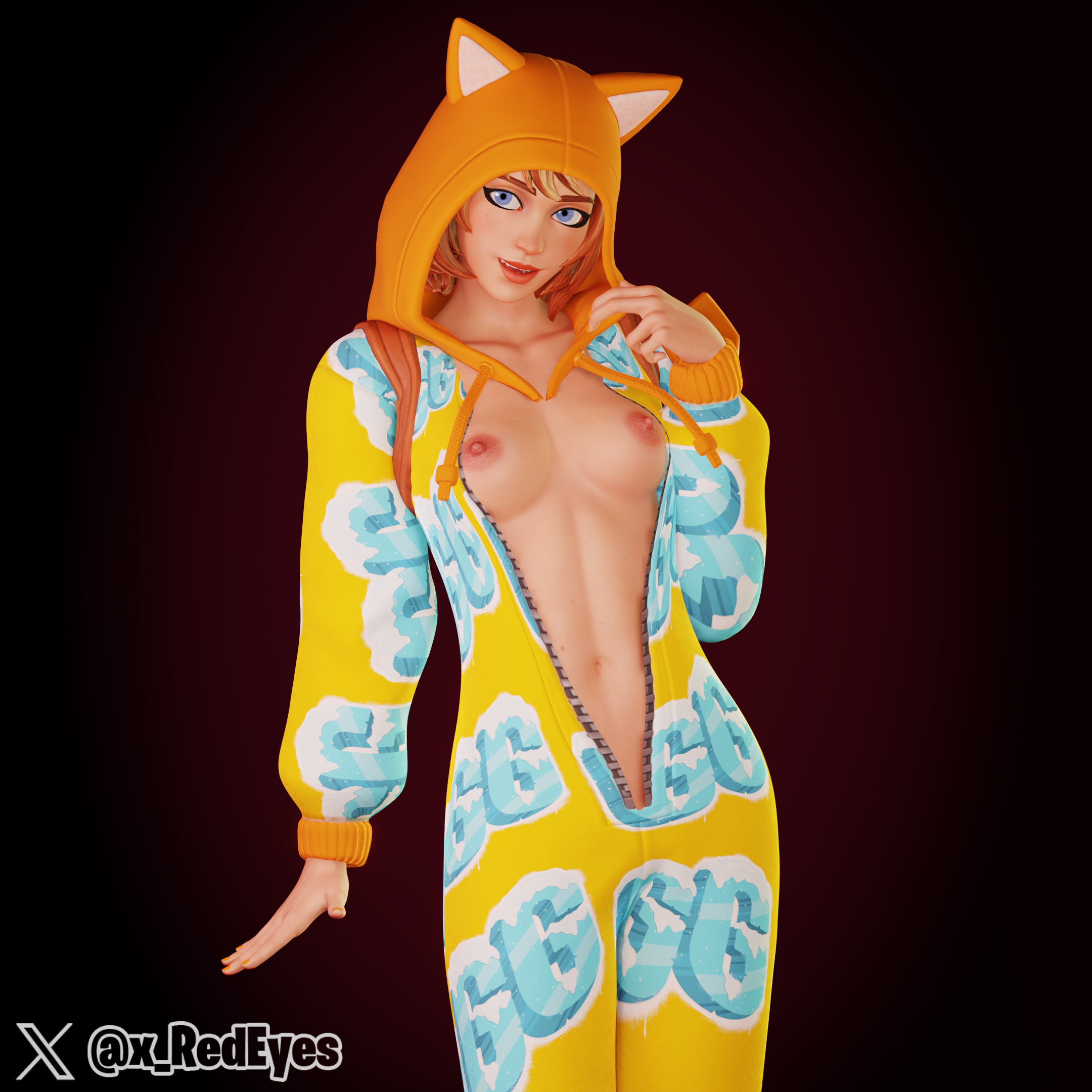 1girls, 2025, 3d, 3d (artwork), areola, areolae, blender, blue eyes, breasts, breasts out, epic games, female, fortnite, fortnite: battle royale, ginger, ginger female, ginger hair, hi res, highres, hood, hood up, light skin, light-skinned female, medium breasts, nipples, onesie, onesie (fortnite), orange hair, petite, petite body, pose, posing, presenting, presenting breasts, showing off, simple background, small breasts, watermark, wonder onesie, x redeyes, zipper, zipper down